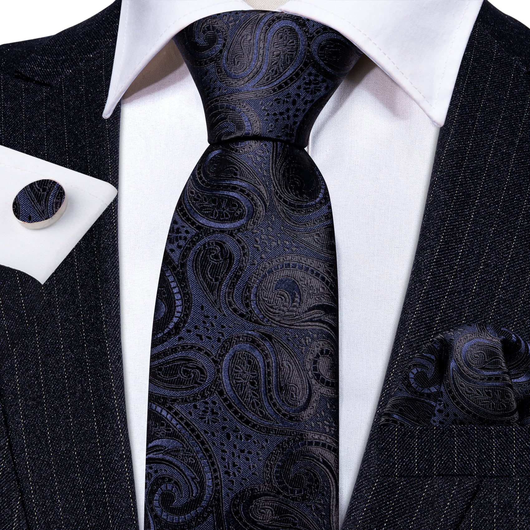 Black Purple Paisley Silk Tie Handkerchief Cufflinks Set