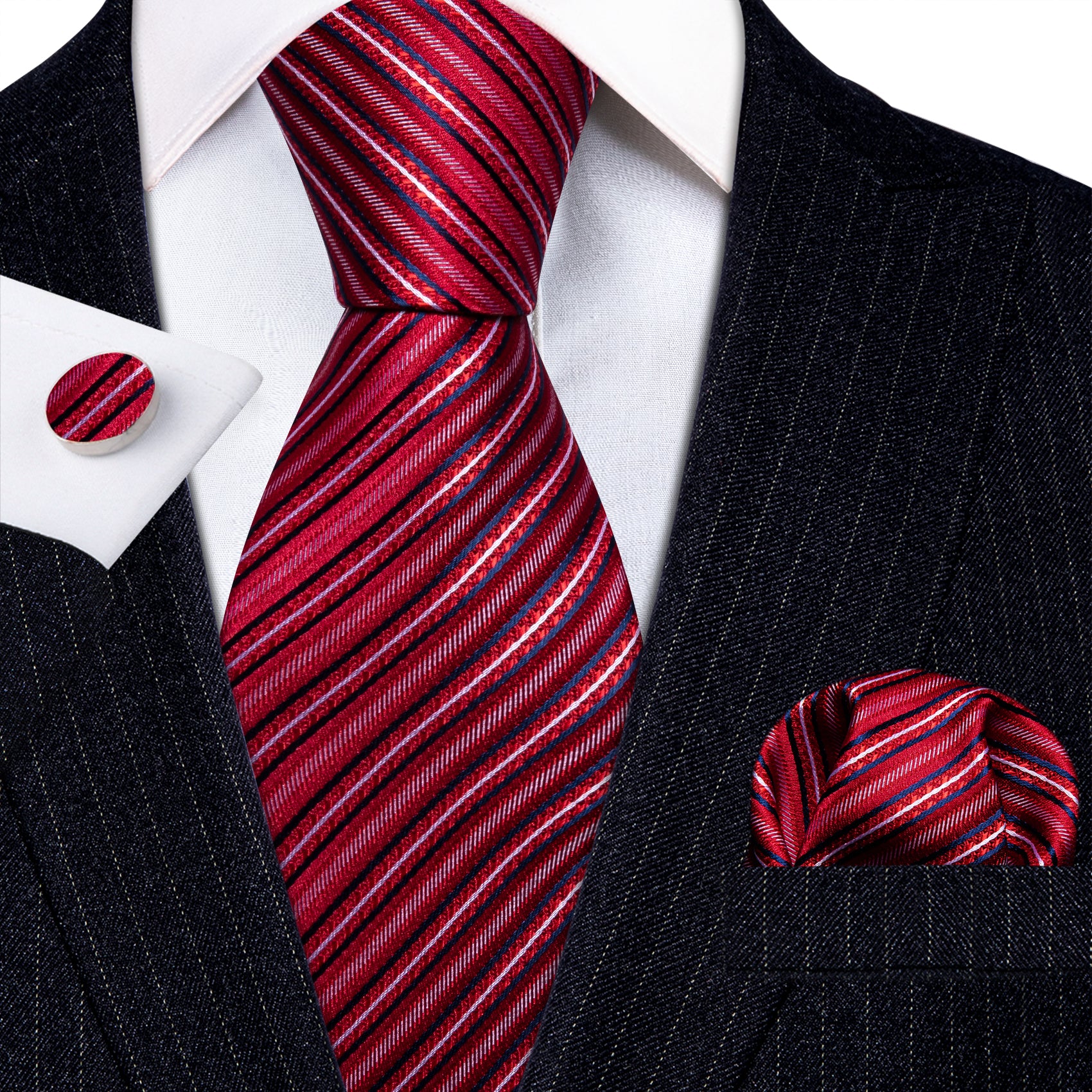 Red White Striped Silk Tie Handkerchief Cufflinks Set