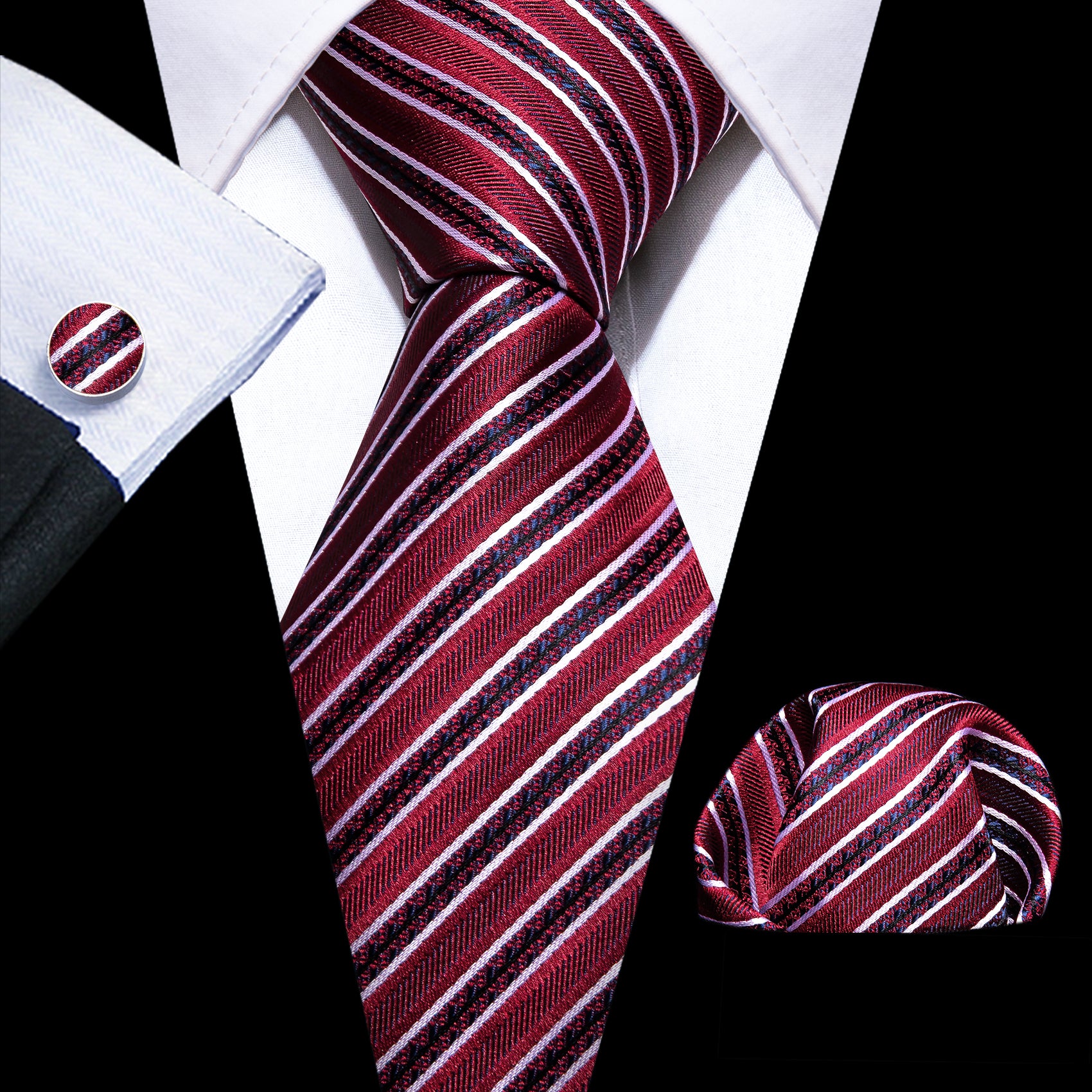 Fashion Red Striped Silk Tie Handkerchief Cufflinks Set