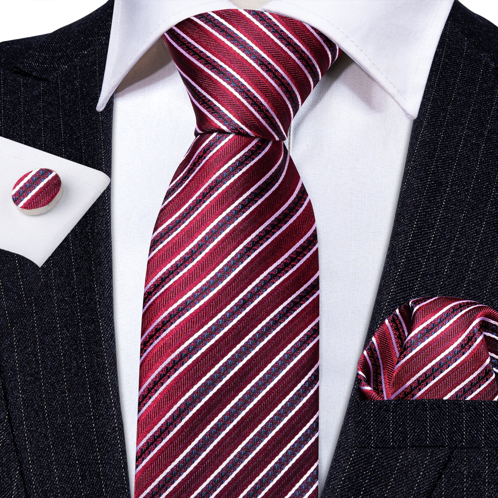 Fashion Red Striped Silk Tie Handkerchief Cufflinks Set