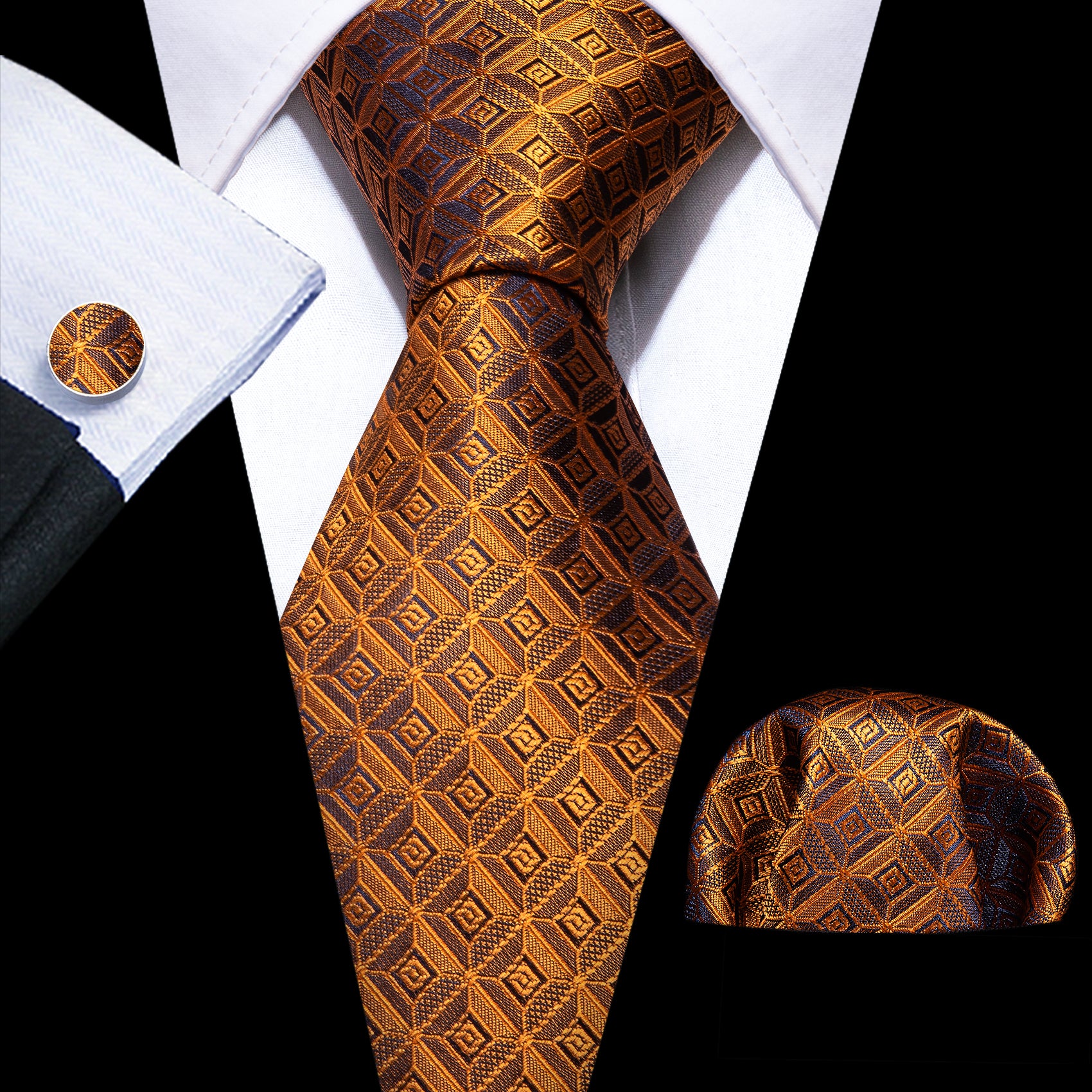 Luxury Brown Plaid Silk Tie Handkerchief Cufflinks Set