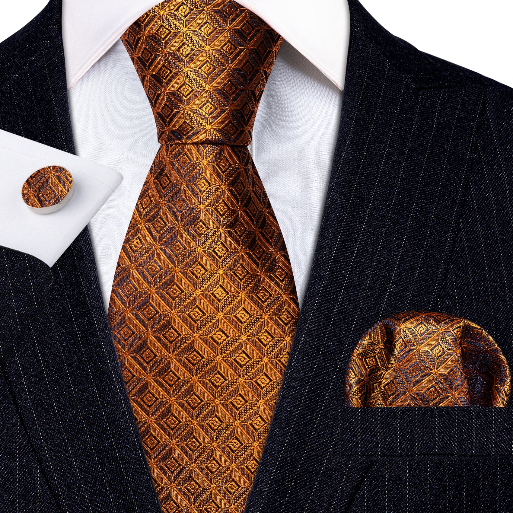 Luxury Brown Plaid Silk Tie Handkerchief Cufflinks Set