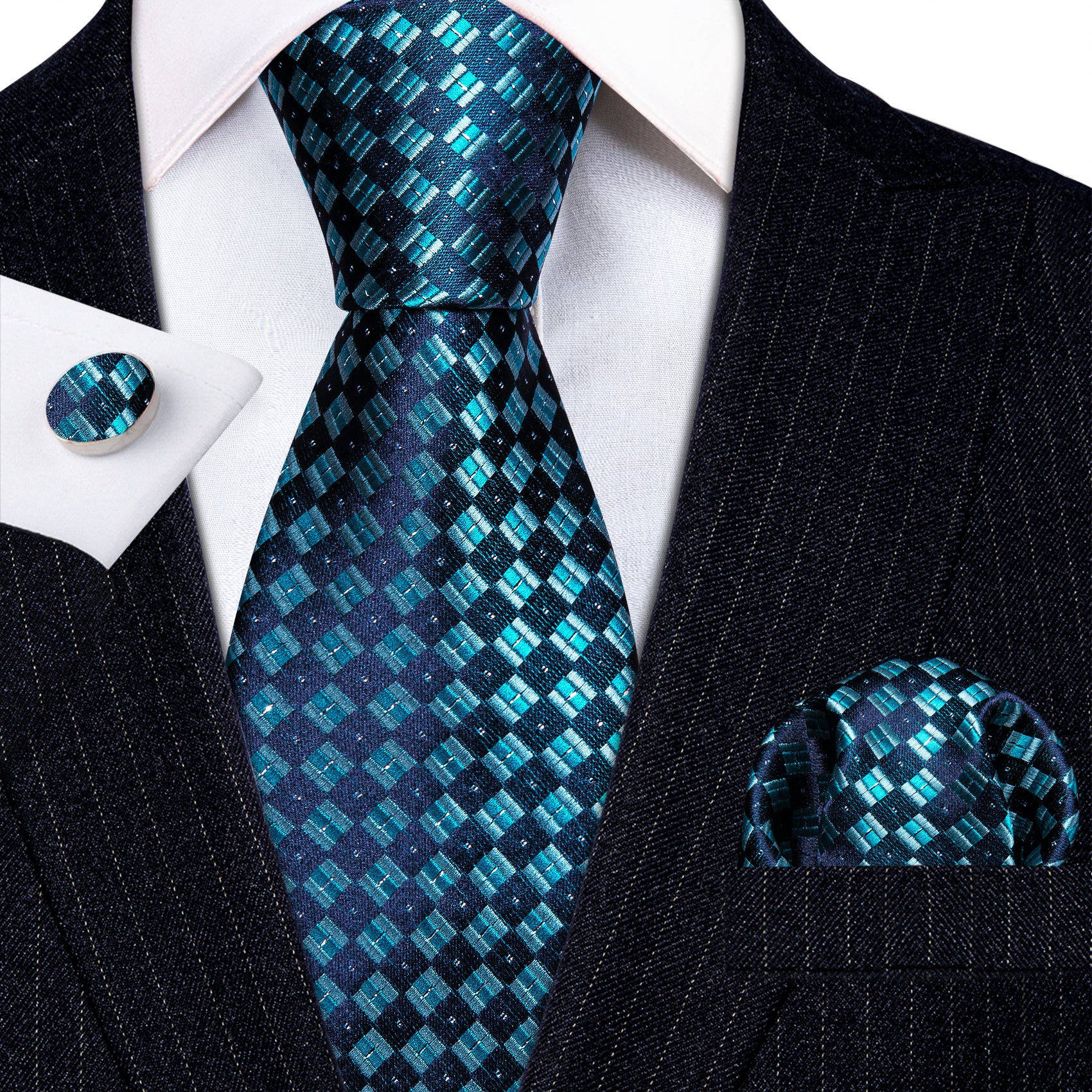 Bright Blue Plaid Silk Tie Handkerchief Cufflinks Set