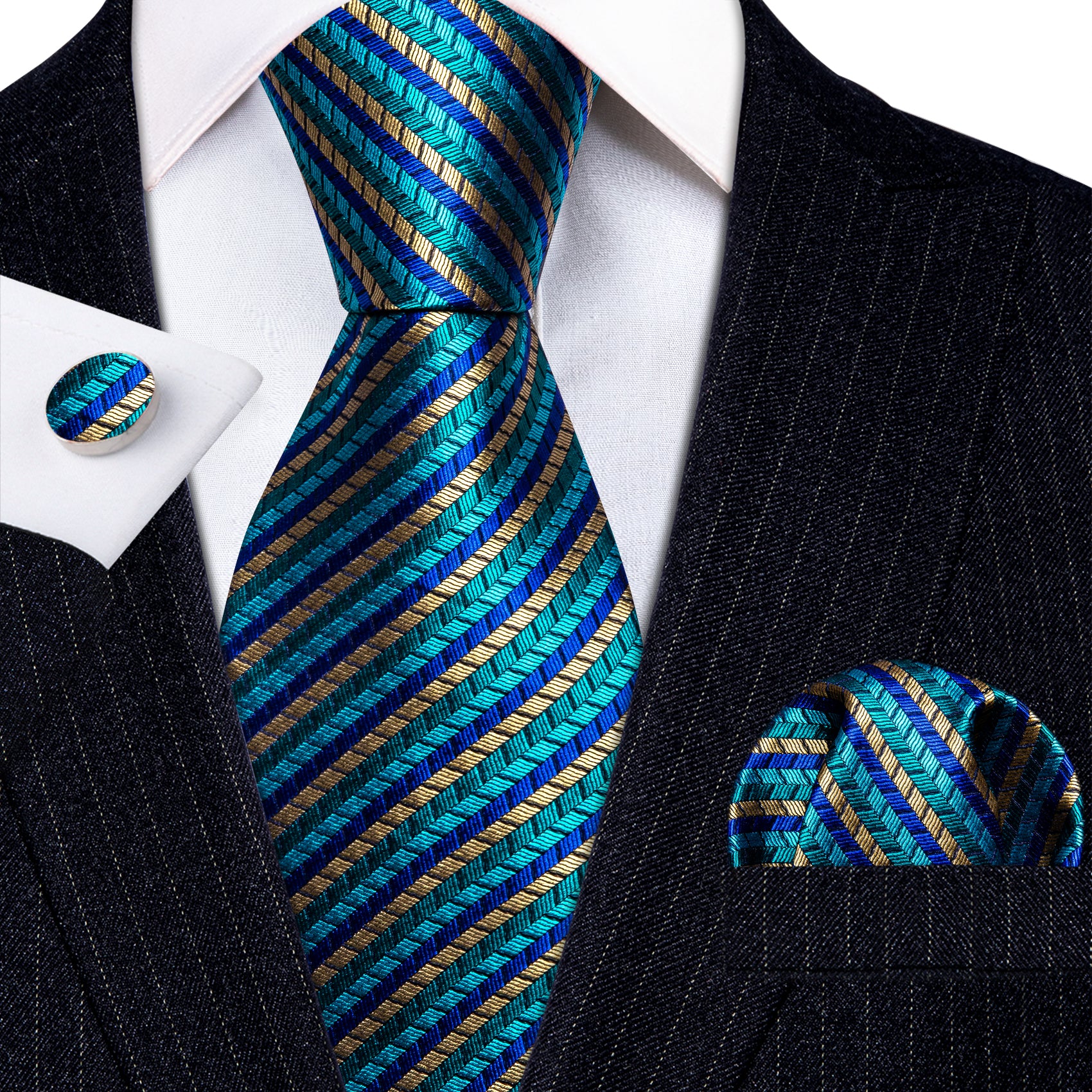 Blue Gold Striped Silk Tie Handkerchief Cufflinks Set