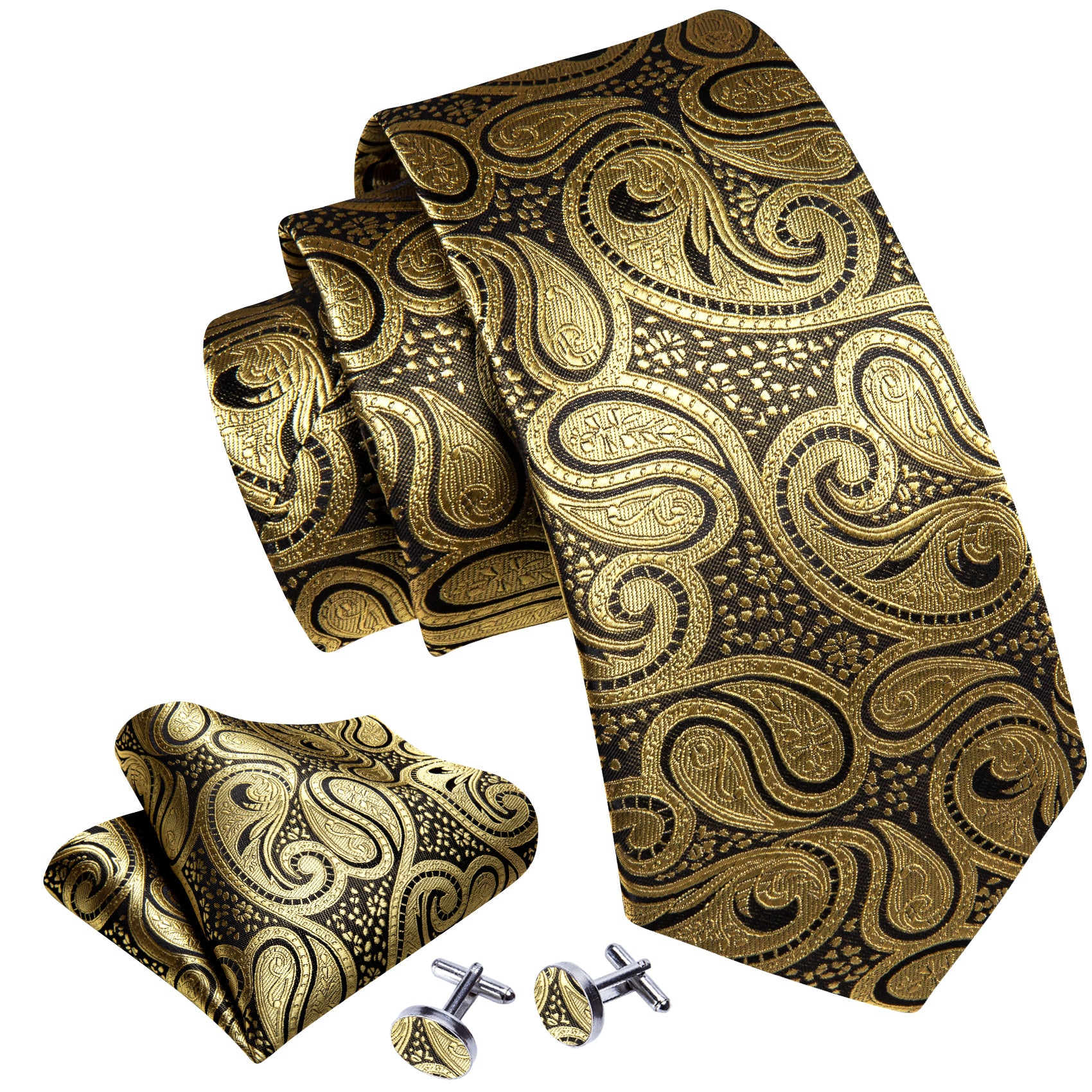 Gold Black Paisley Silk Tie Handkerchief Cufflinks Set