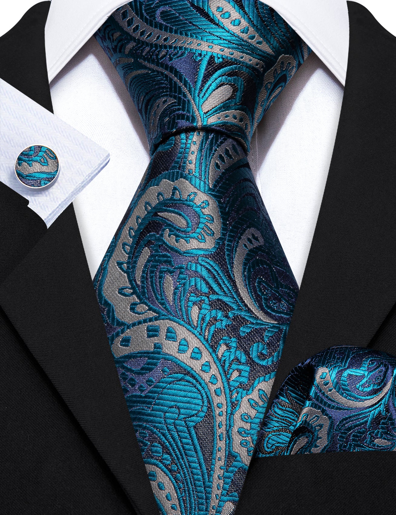 Blue Silver Paisley Silk Tie Handkerchief Cufflinks Set