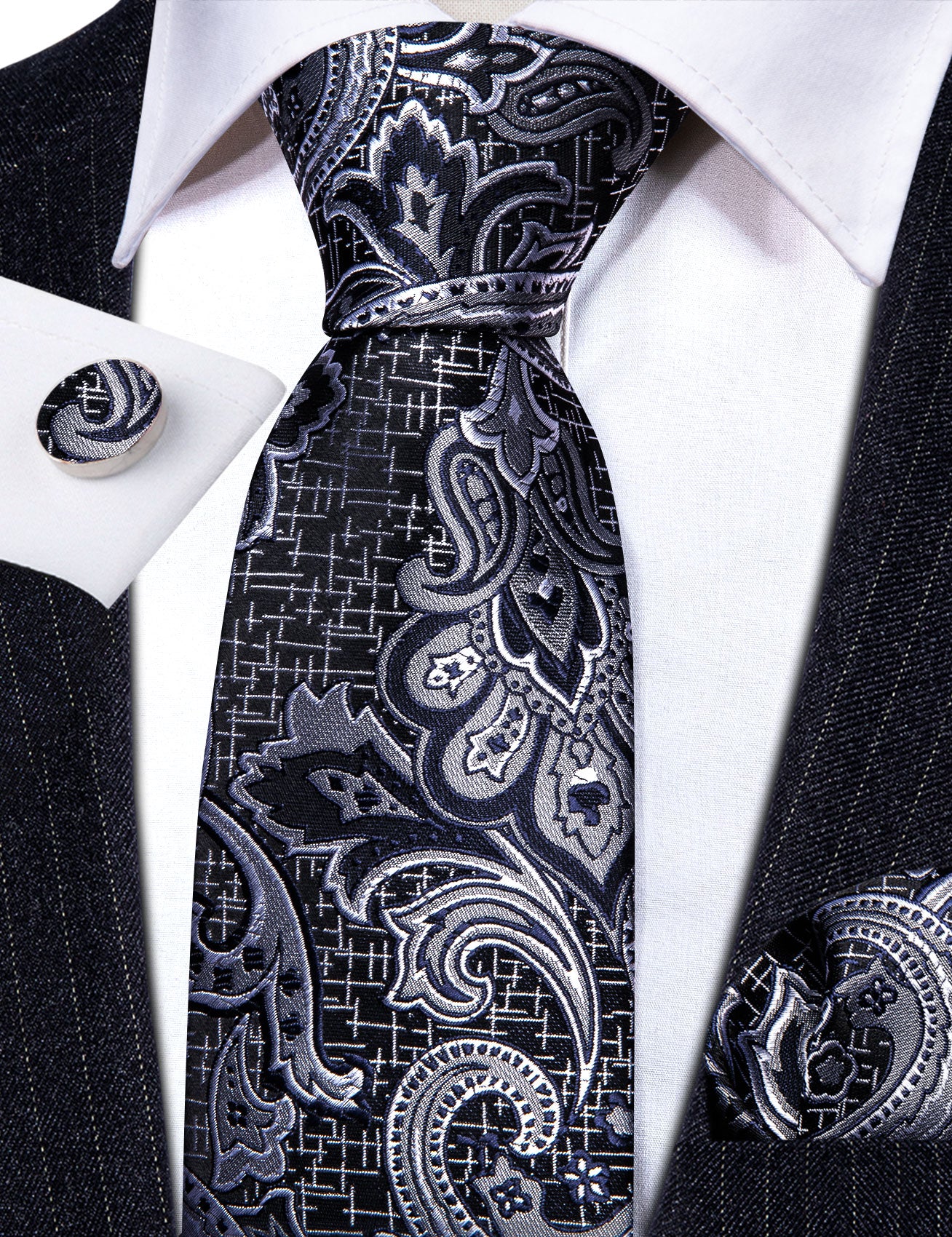 Black Silver Paisley Silk Tie Handkerchief Cufflinks Set