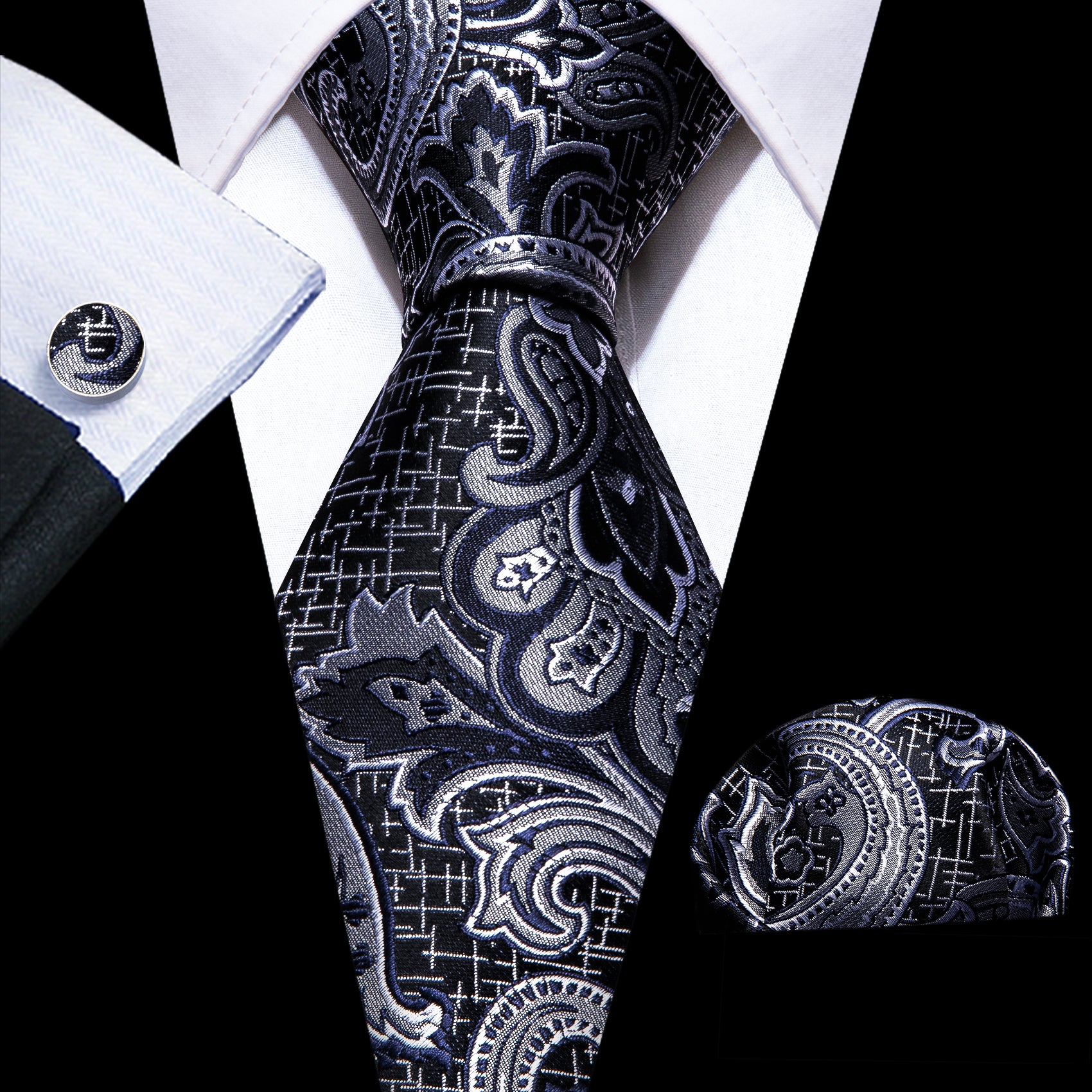 Black Silver Paisley Silk Tie Handkerchief Cufflinks Set