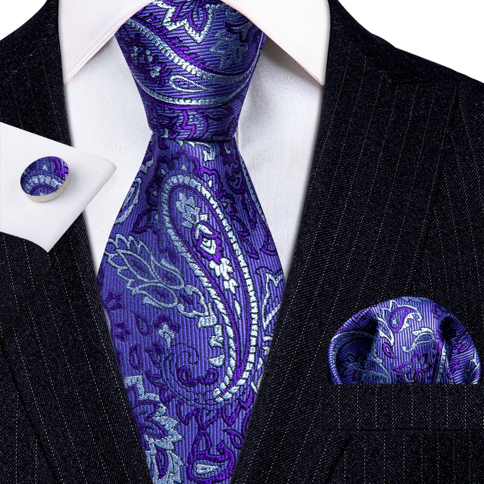 Purple White Paisley Silk Tie Handkerchief Cufflinks Set