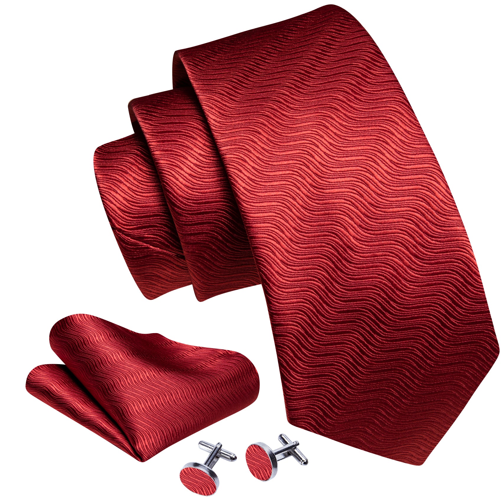 Red Stripe Silk Tie Handkerchief Cufflinks Set