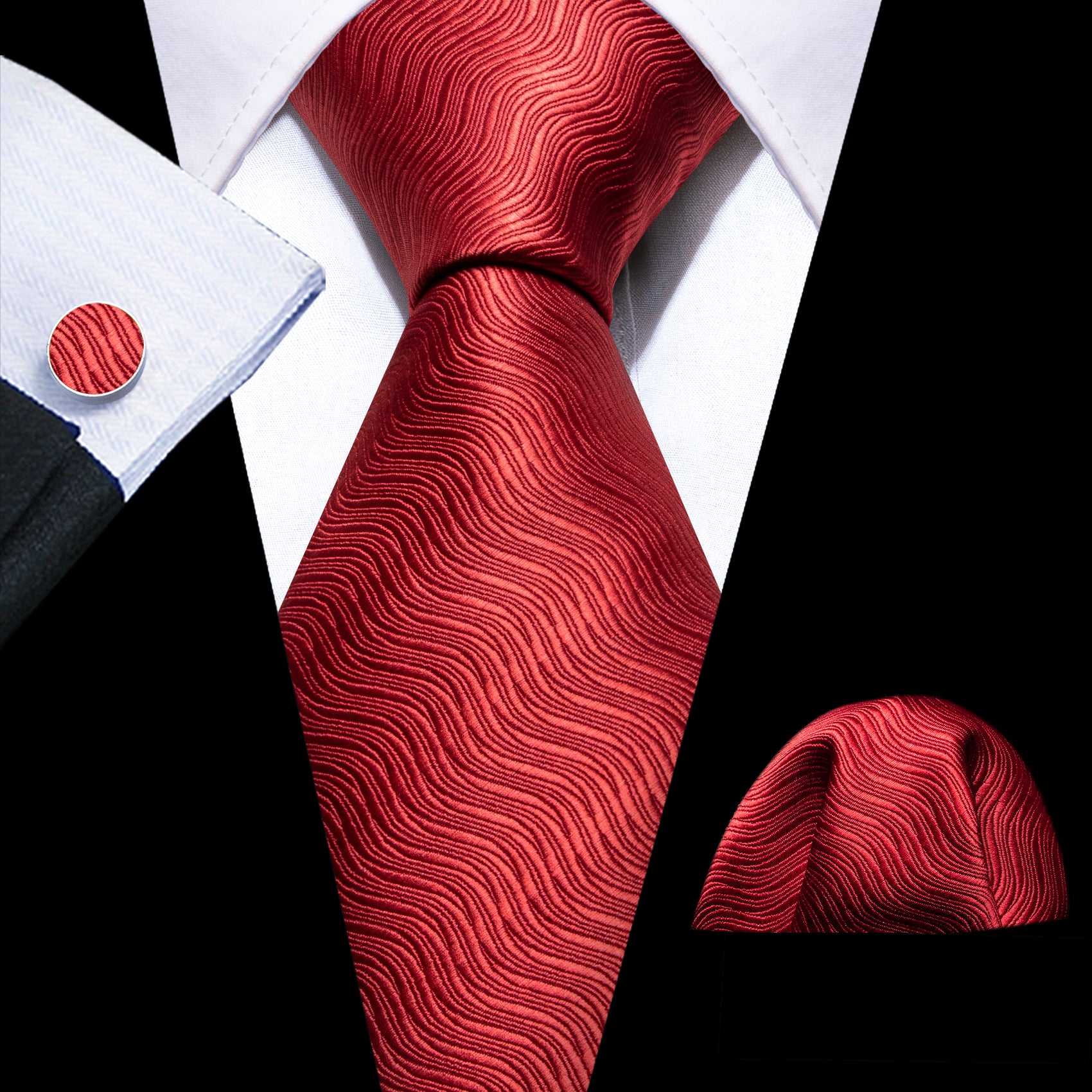 Red Stripe Silk Tie Handkerchief Cufflinks Set