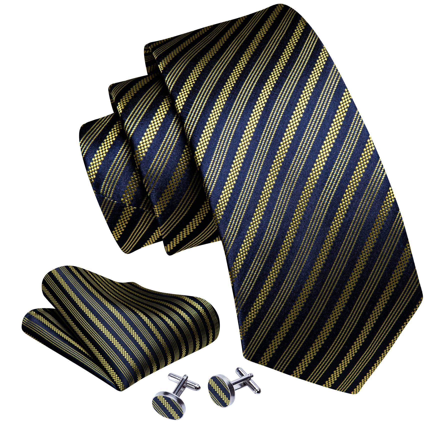 Golden Blue Stripe Silk Tie Handkerchief Cufflinks Set