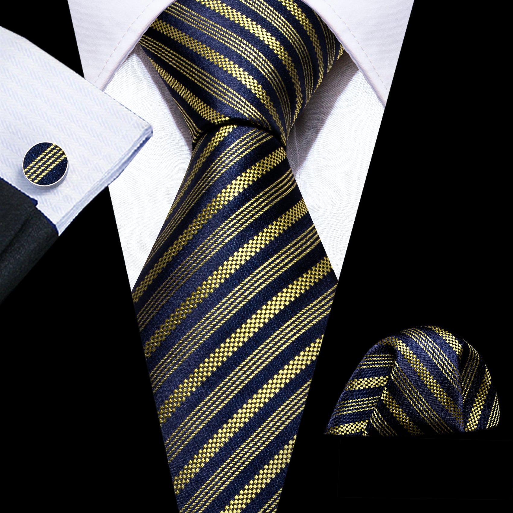 Golden Blue Stripe Silk Tie Handkerchief Cufflinks Set