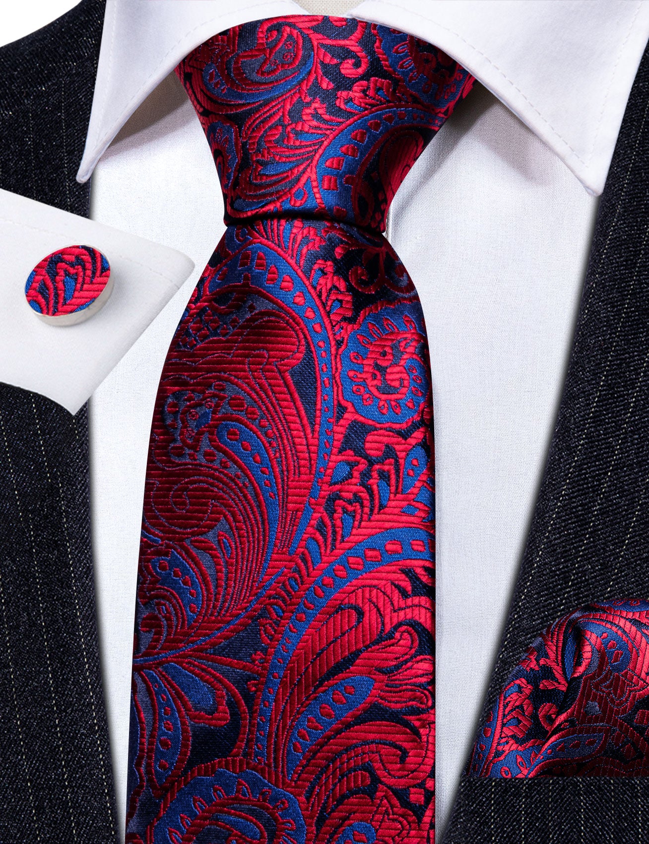 Red Blue Floral Silk Tie Handkerchief Cufflinks Set