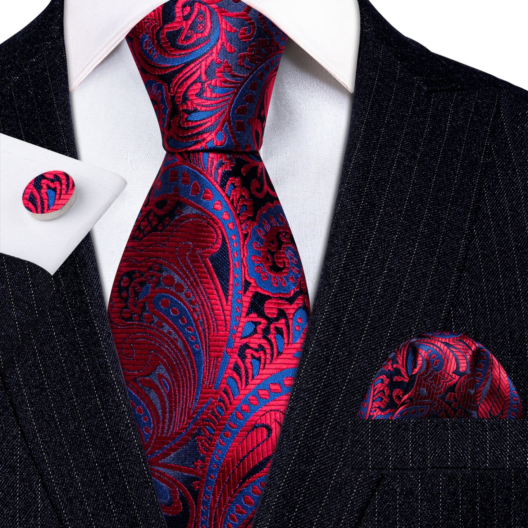 Red Blue Floral Silk Tie Handkerchief Cufflinks Set