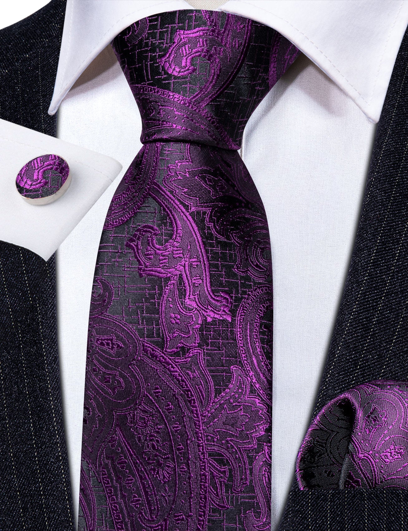 Luxury Purple Black Paisley Silk Tie Handkerchief Cufflinks Set