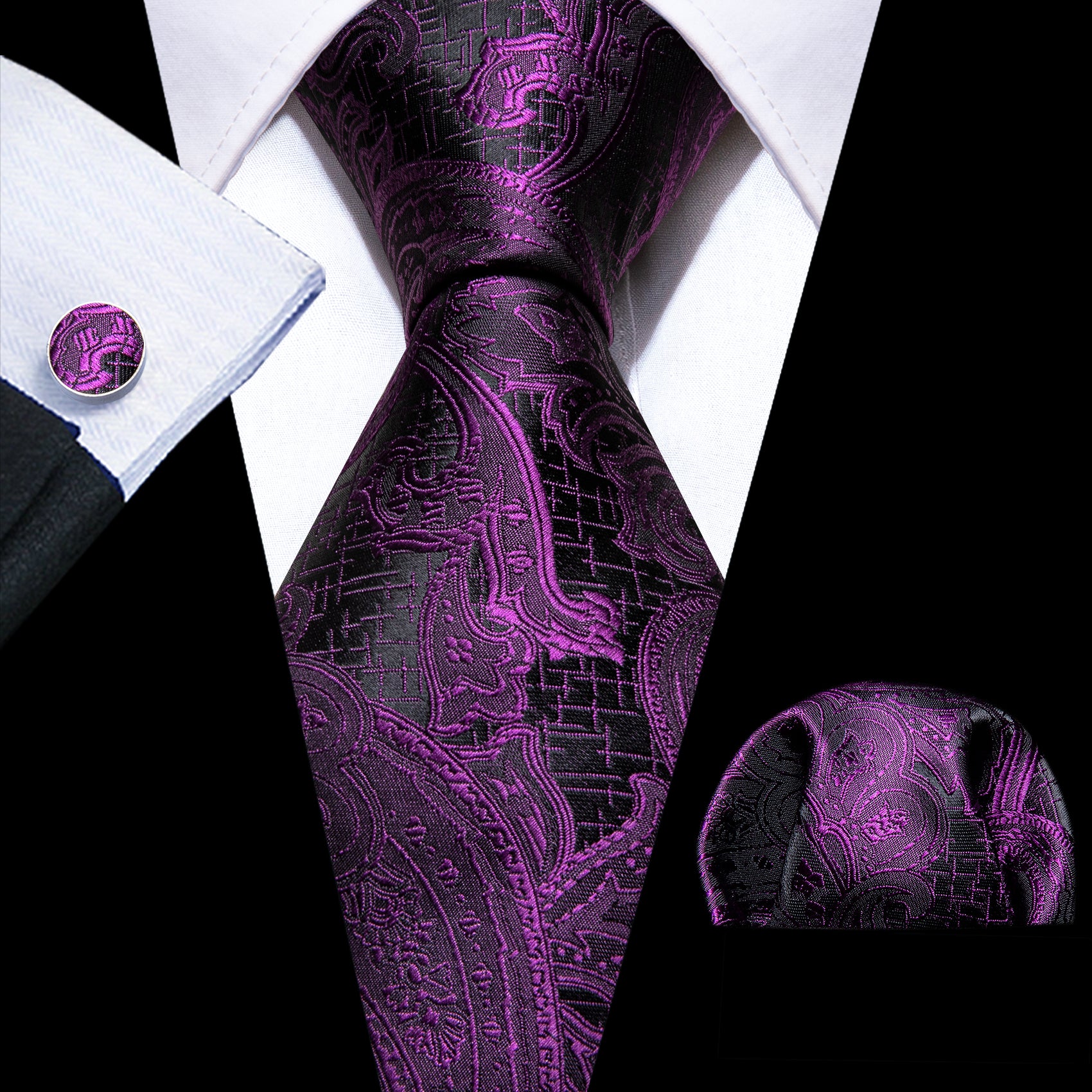 Luxury Purple Black Paisley Silk Tie Handkerchief Cufflinks Set