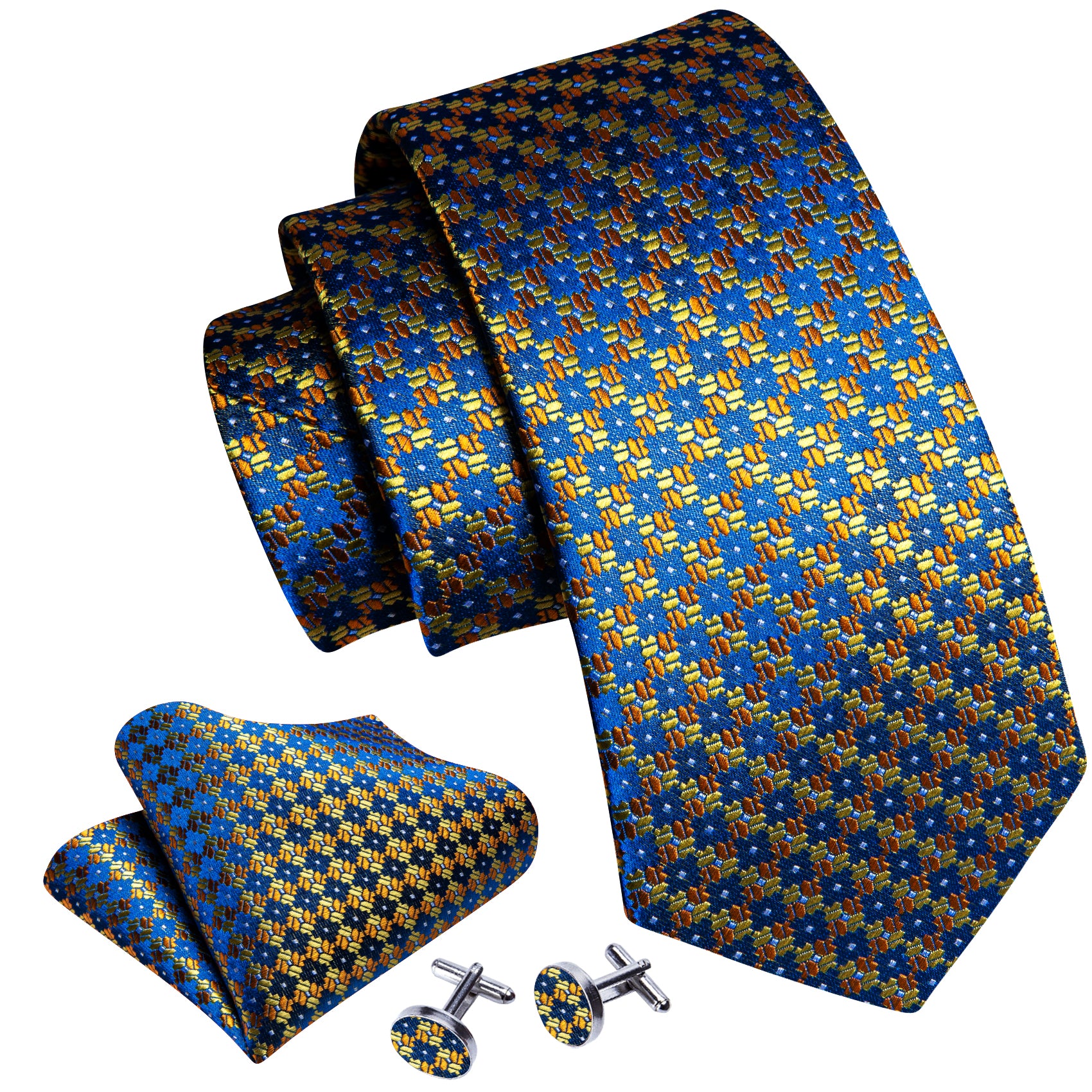 Blue Golden Lattice Silk Tie Handkerchief Cufflinks Set
