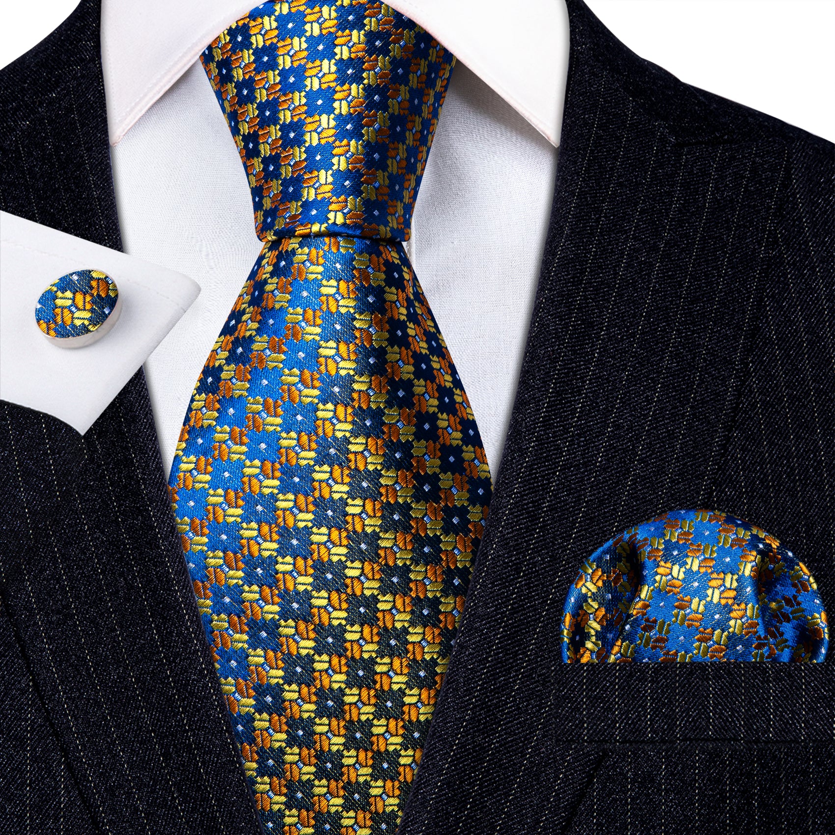 Blue Golden Lattice Silk Tie Handkerchief Cufflinks Set