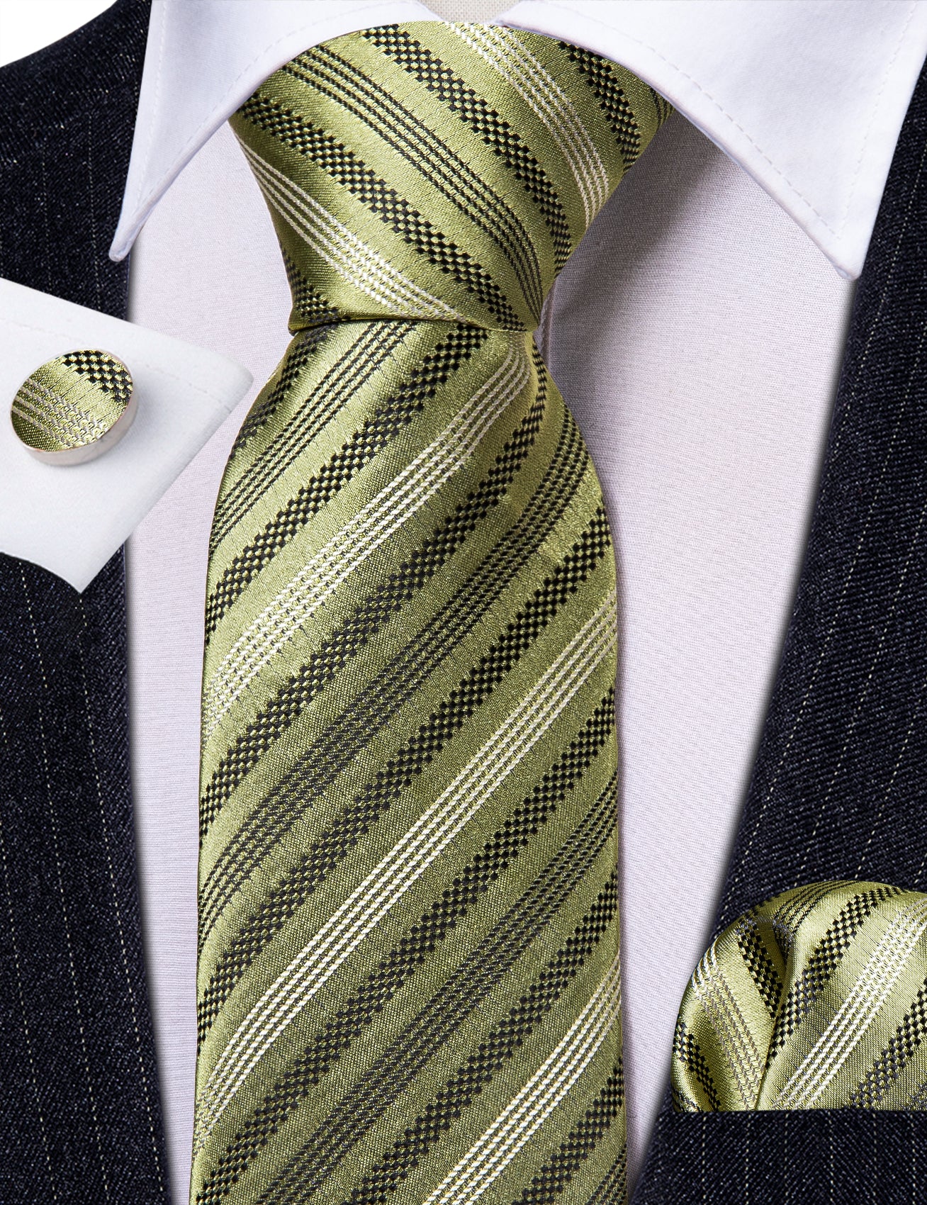 Barry.Wang Olive Tie Black Striped Silk Tie Pocket Square Cufflinks Set