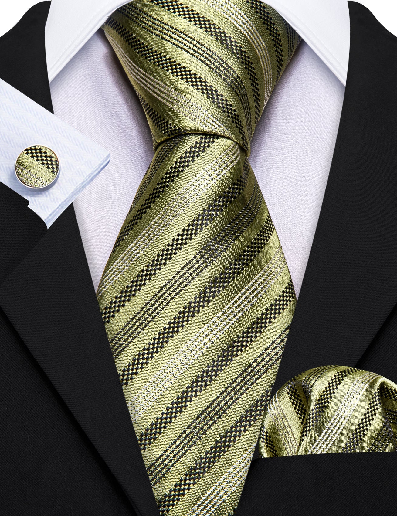 Barry.Wang Olive Tie Black Striped Silk Tie Pocket Square Cufflinks Set