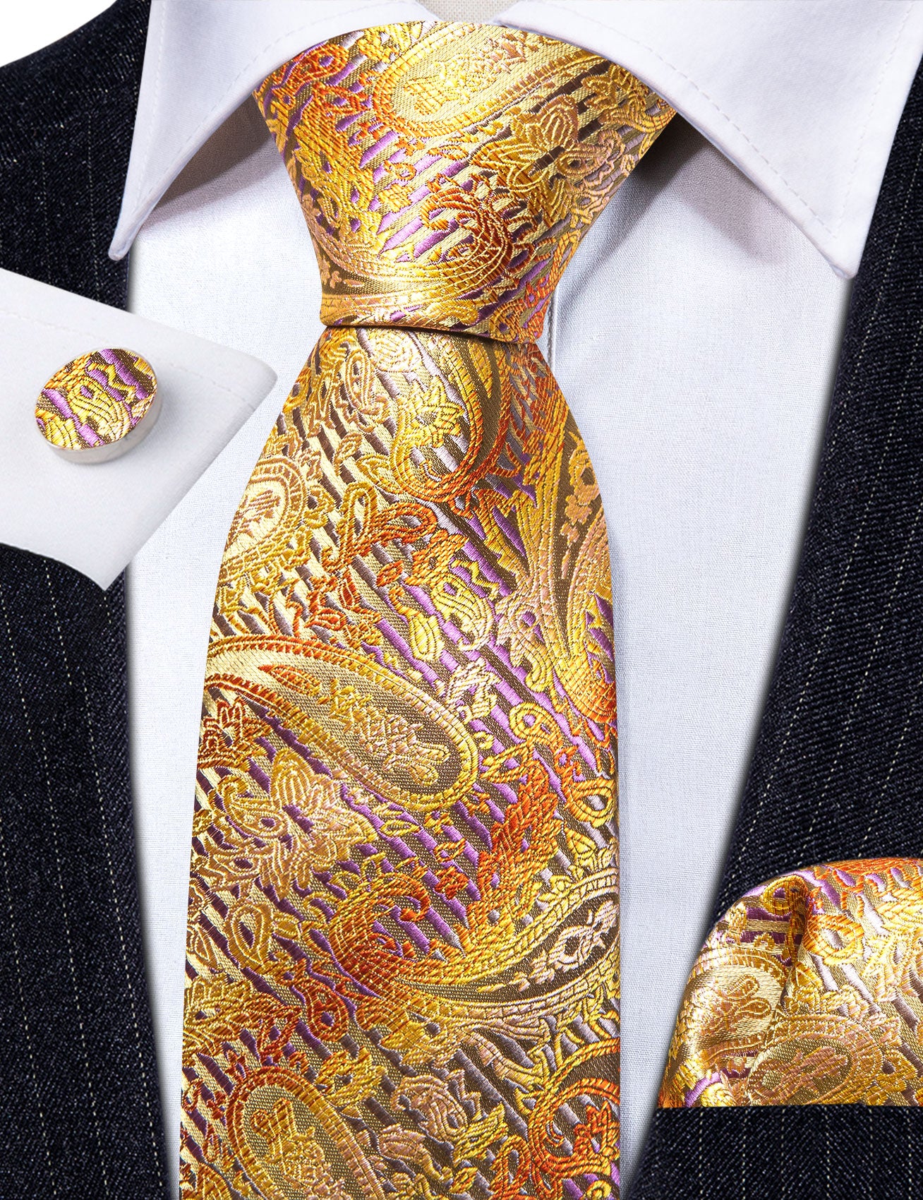 Golden Floral Silk Tie Handkerchief Cufflinks Set
