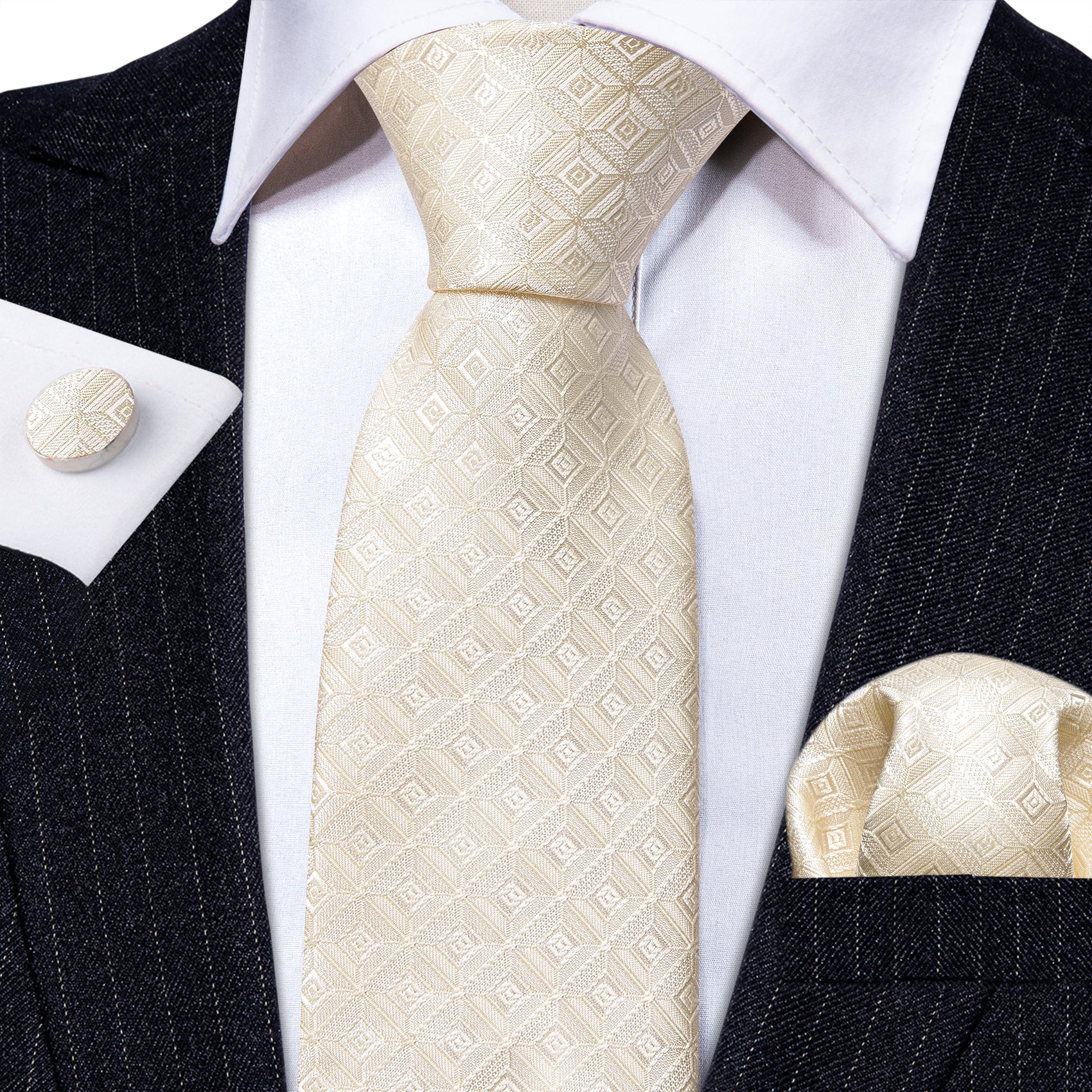 Barry.wang Cream Tie Novelty Geometry Silk Tie Handkerchief Cufflinks Set