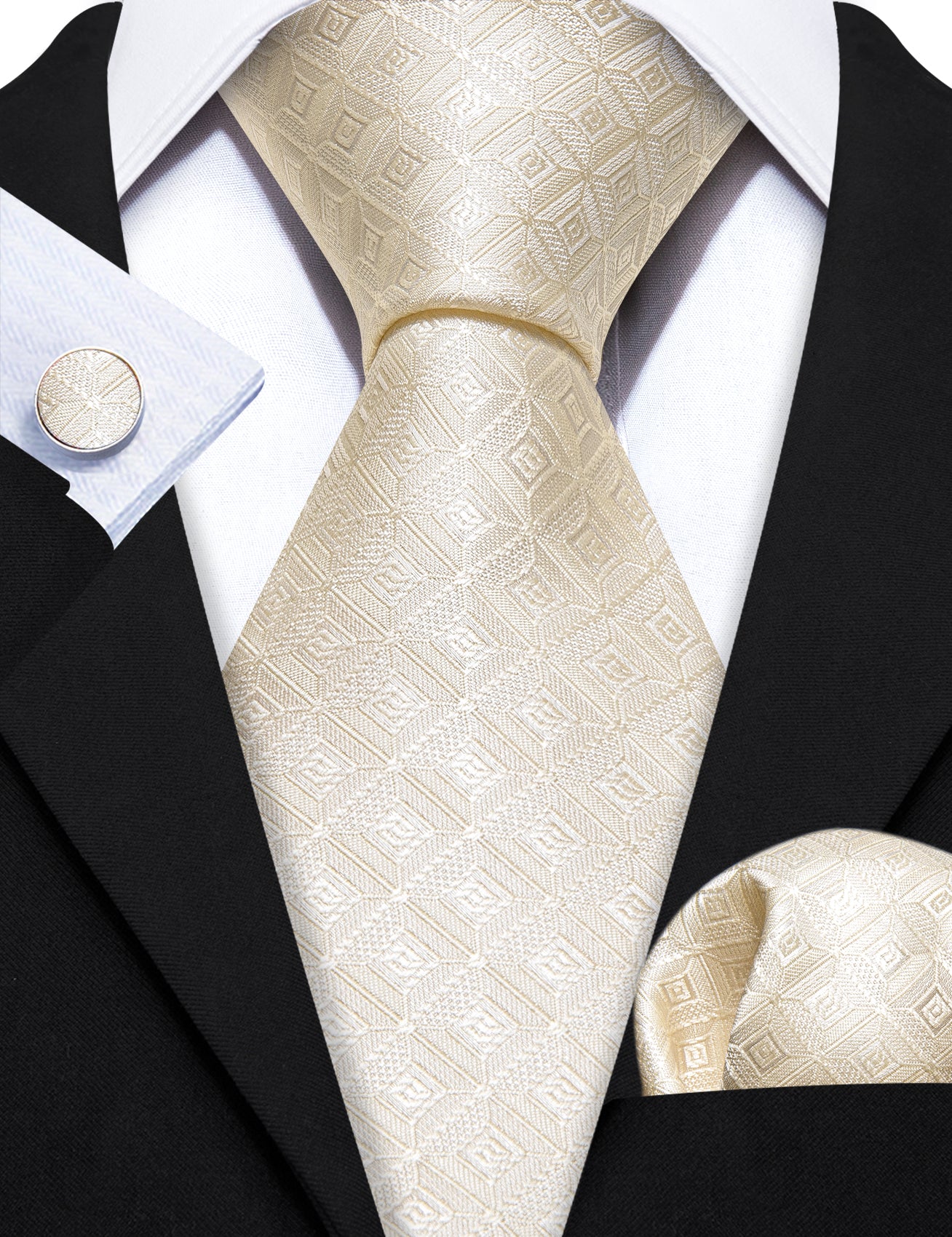 Barry.wang Cream Tie Novelty Geometry Silk Tie Handkerchief Cufflinks Set