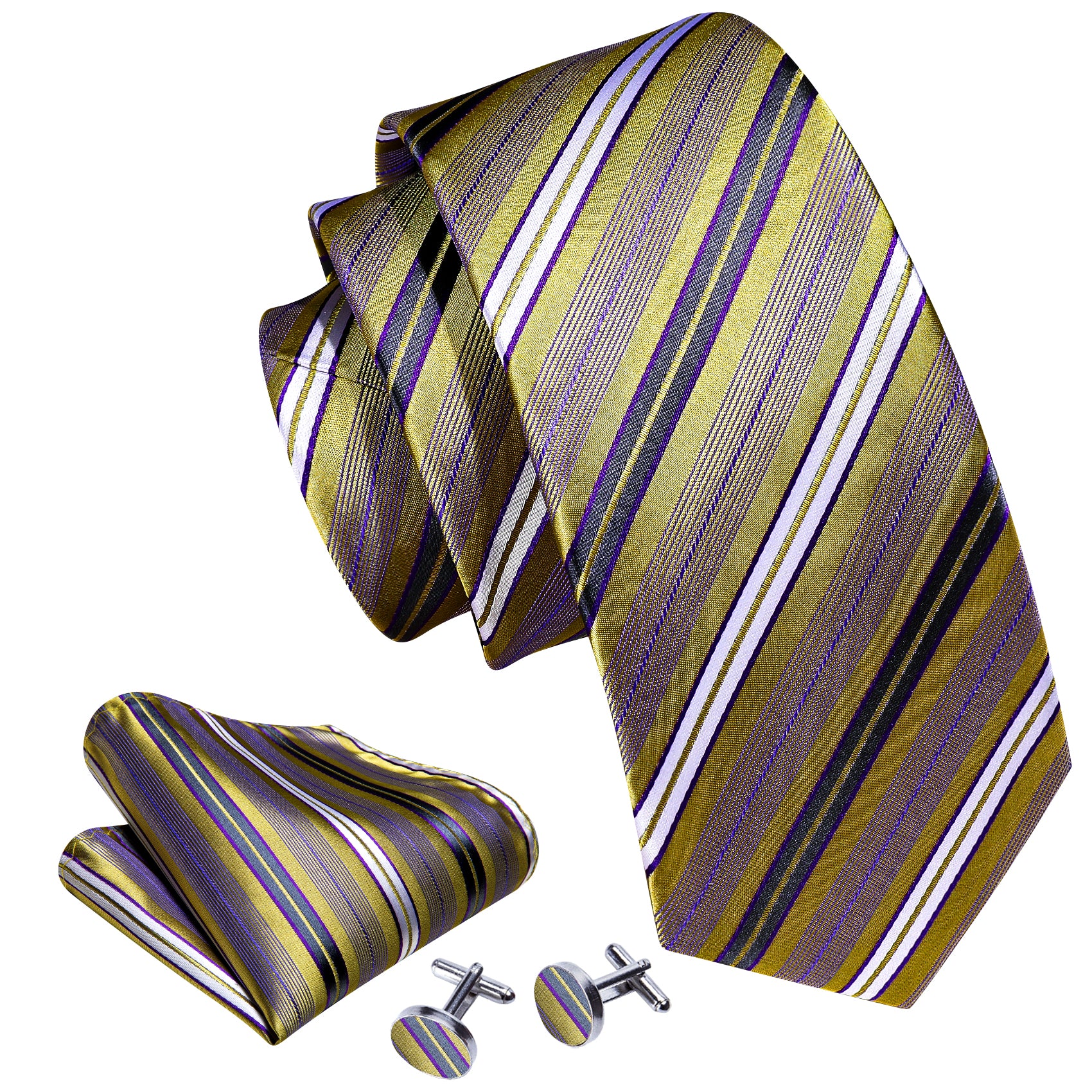 Dark Purple Striped Silk Tie Handkerchief Cufflinks Set