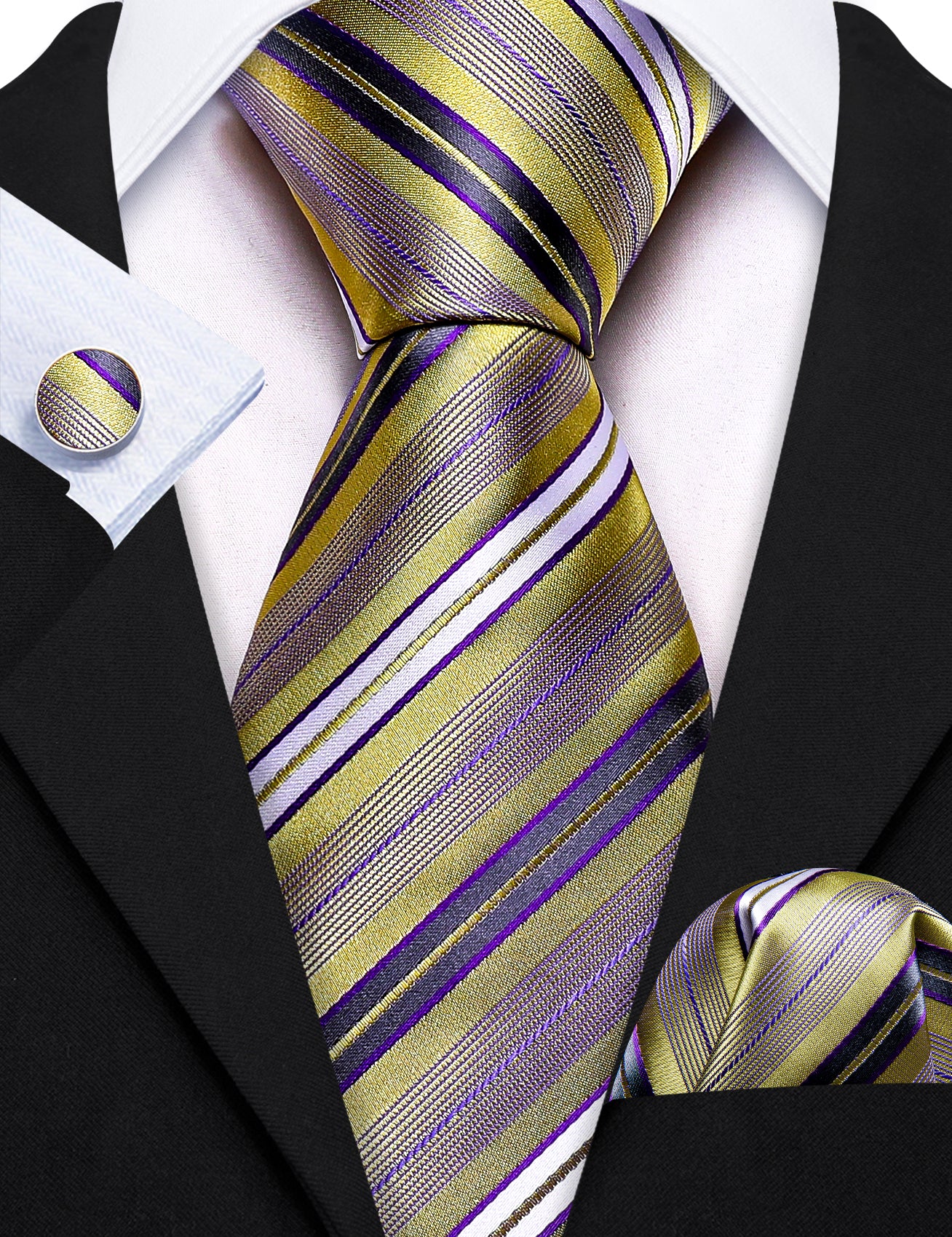Barry.wang Men's Tie Dark Purple White Gold Striped Silk Tie Handy Cufflinks Set
