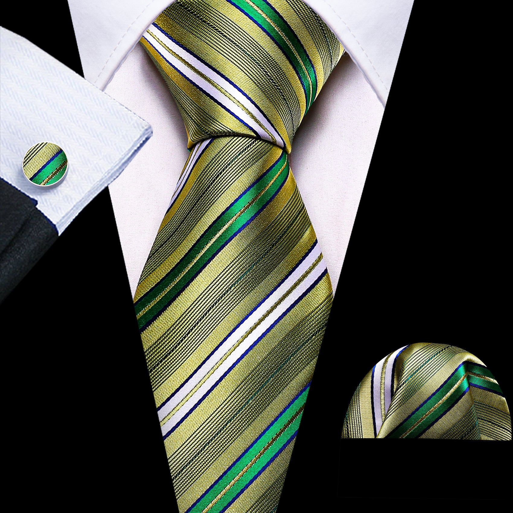 Green Yellow Striped Silk Tie Handkerchief Cufflinks Set