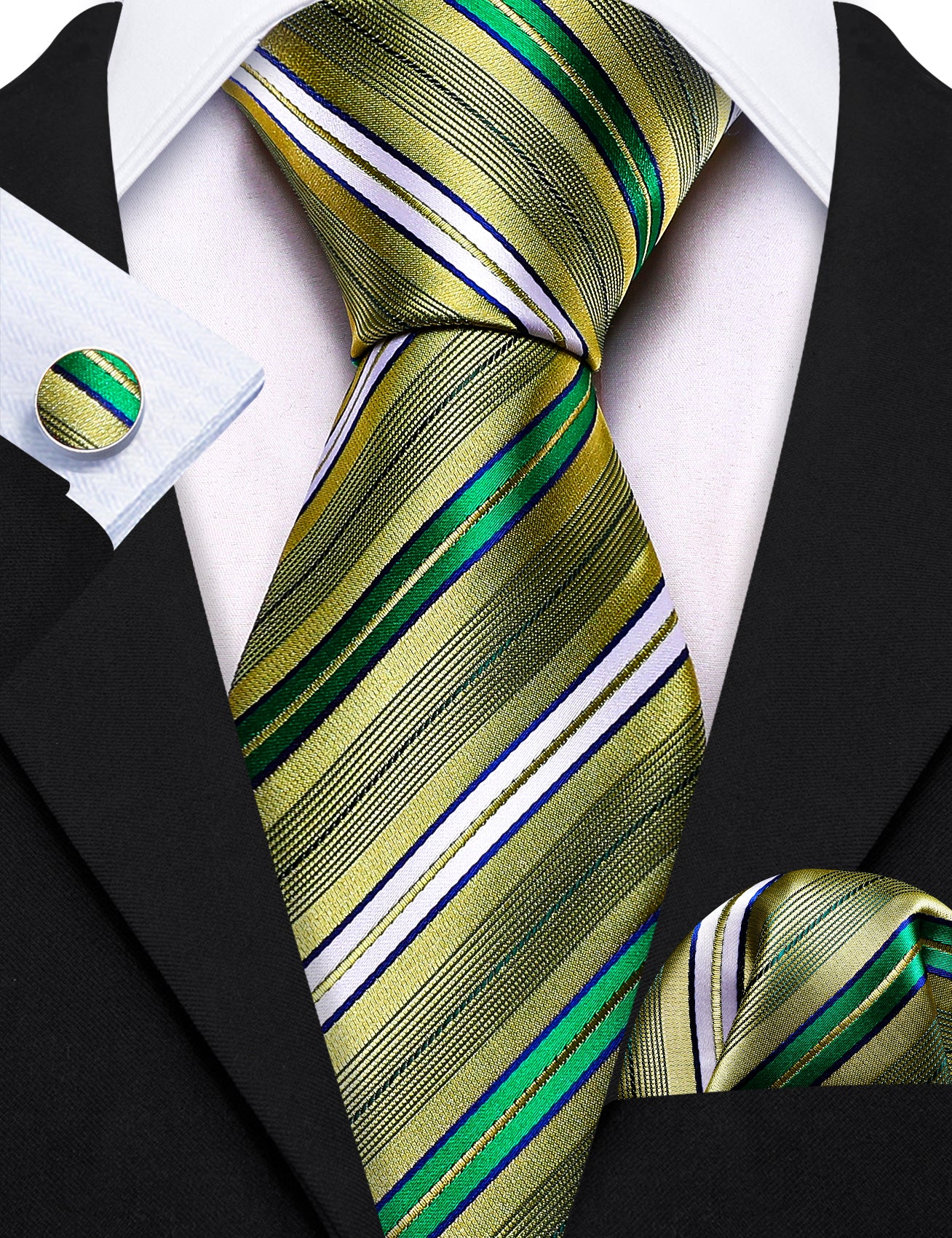 Green Yellow Striped Silk Tie Handkerchief Cufflinks Set
