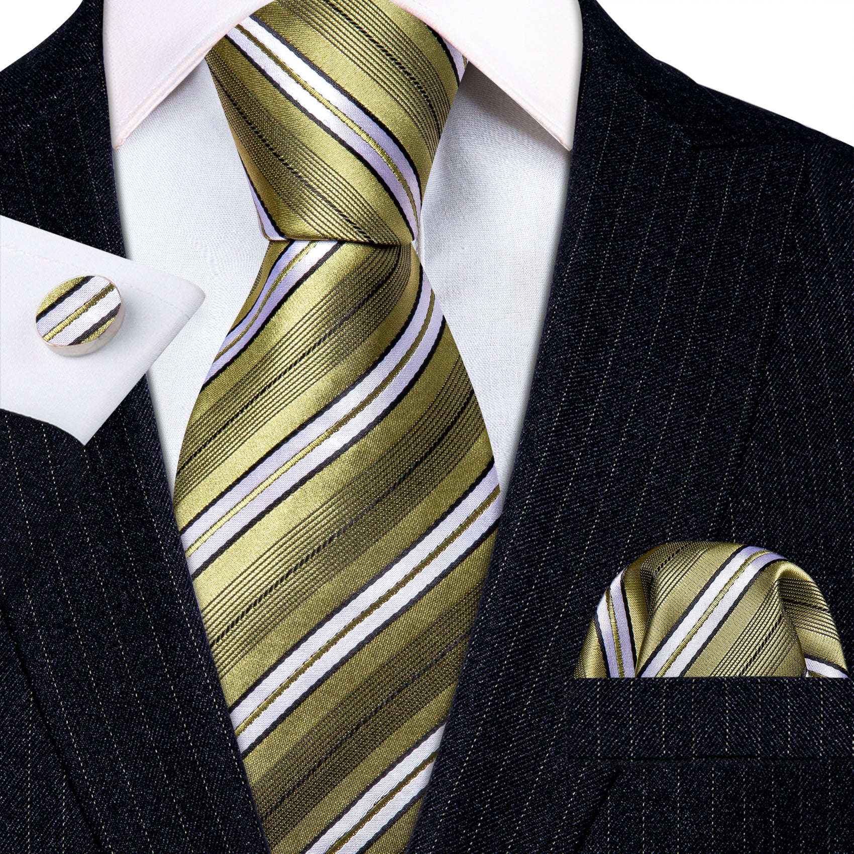 Barry Wang LemonChiffon Yellow White Striped Silk Mens Necktie Set