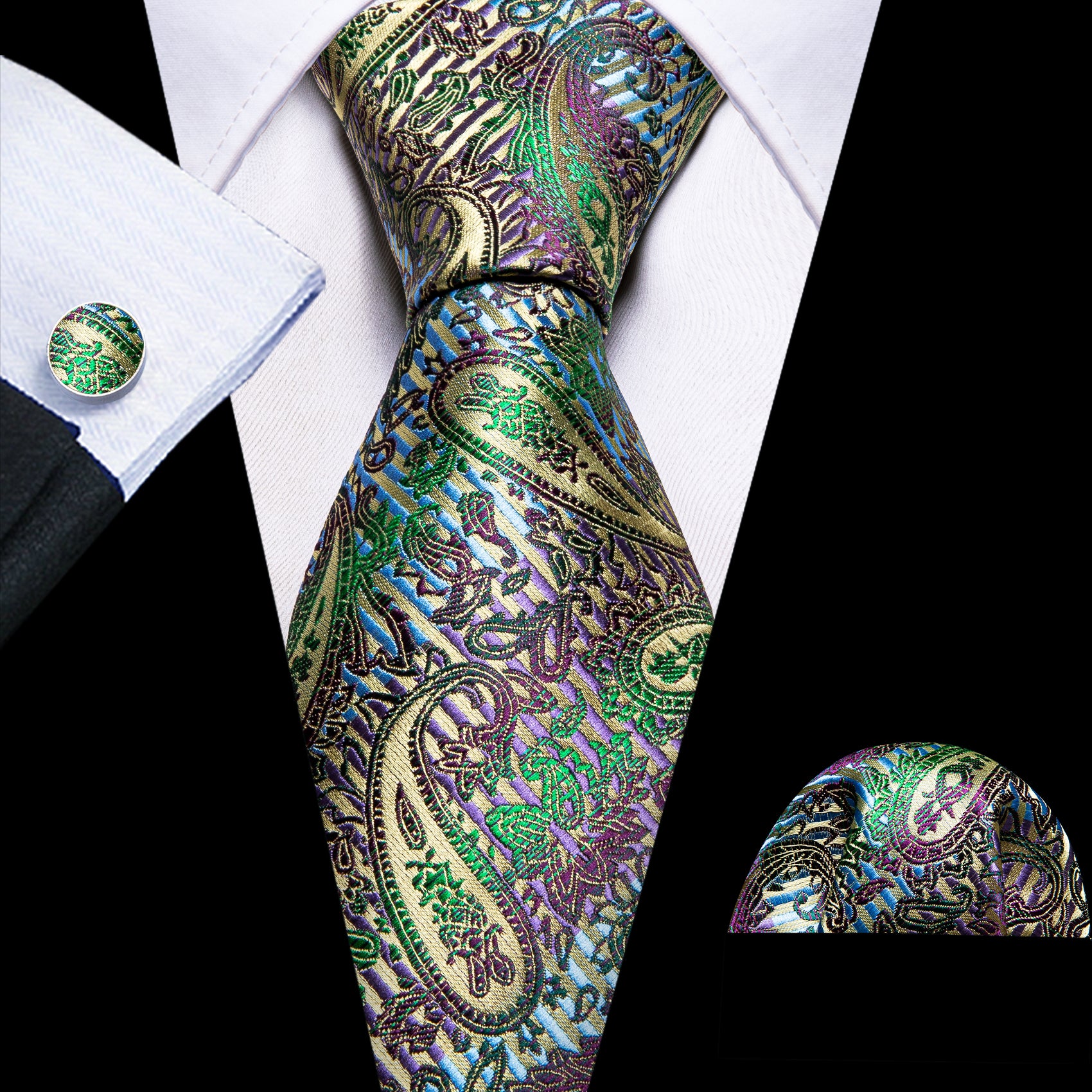Colorful Paisley Silk Tie Pocket Square Cufflinks Set