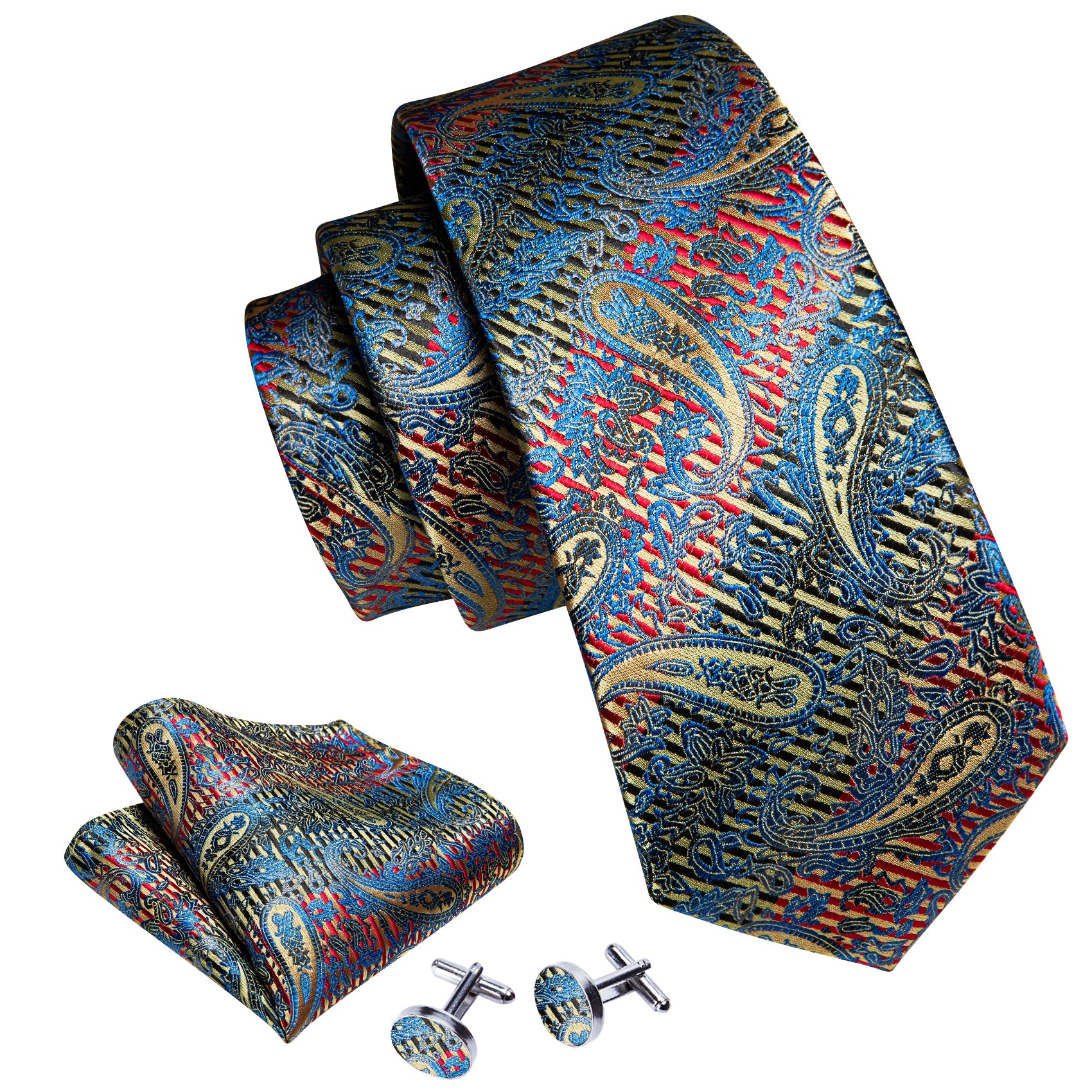Shining Blue Red Paisley Silk Tie Pocket Square Cufflinks Set