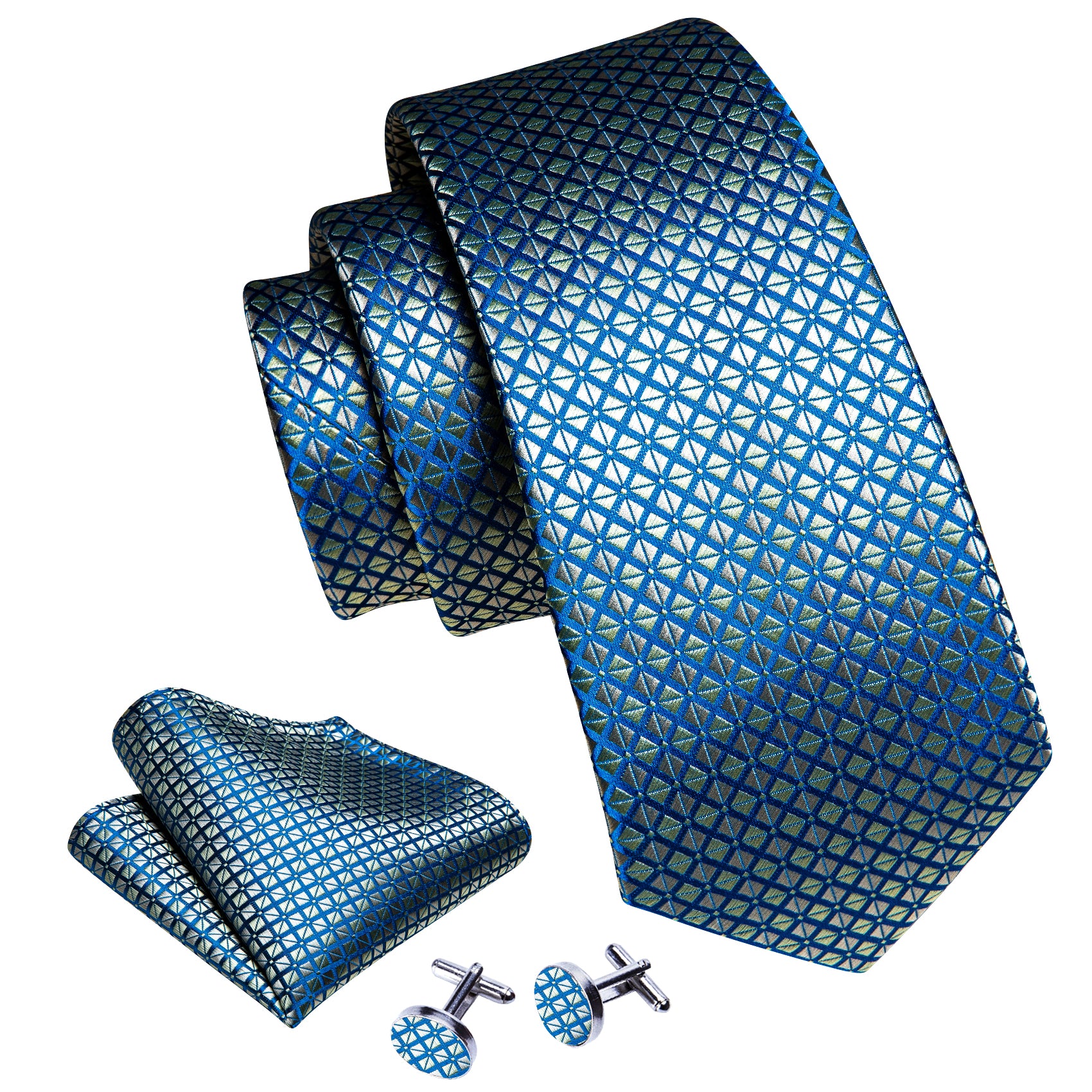 Blue Silver Plaid Silk Tie Pocket Square Cufflinks Set