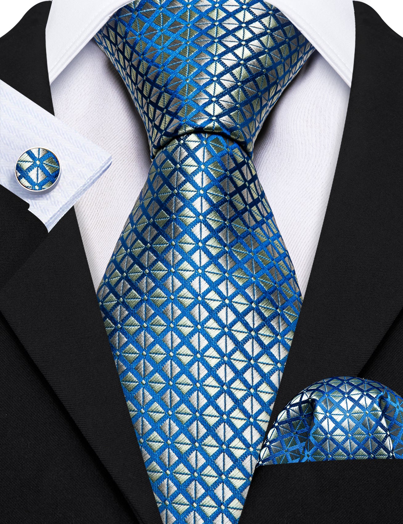 Blue Silver Plaid Silk Tie Pocket Square Cufflinks Set