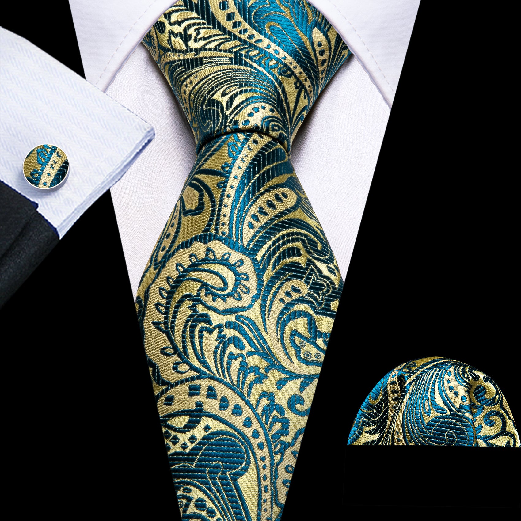 Gold Blue Paisley Silk Tie Pocket Square Cufflinks Set