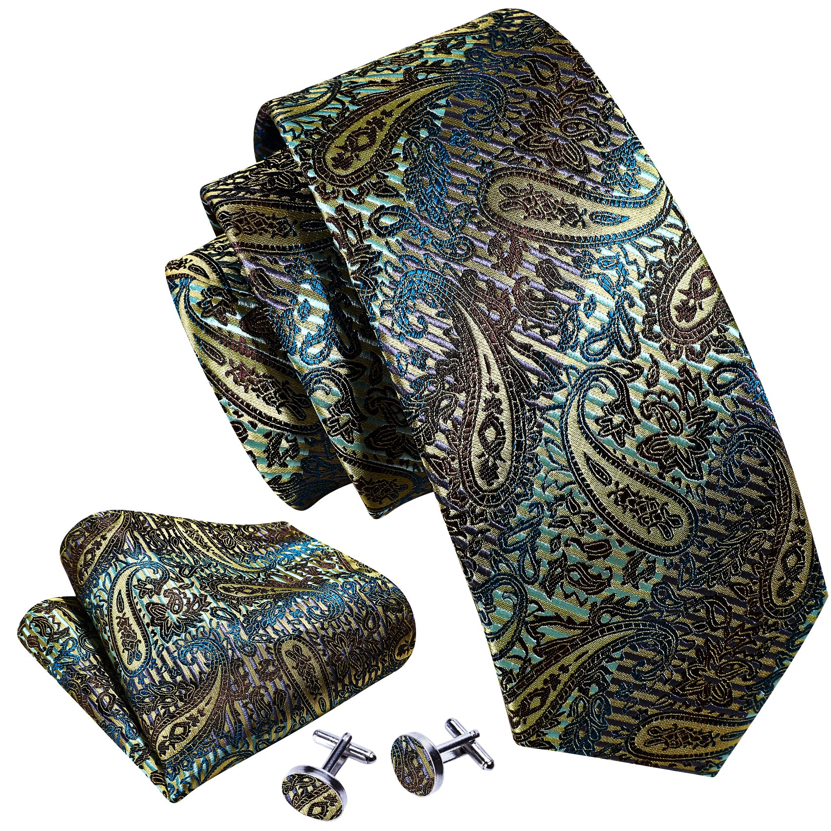 Barry.Wang Black Tie Gold Paisley Men's Silk Tie Pocket Square Cufflinks Set 59 Inches