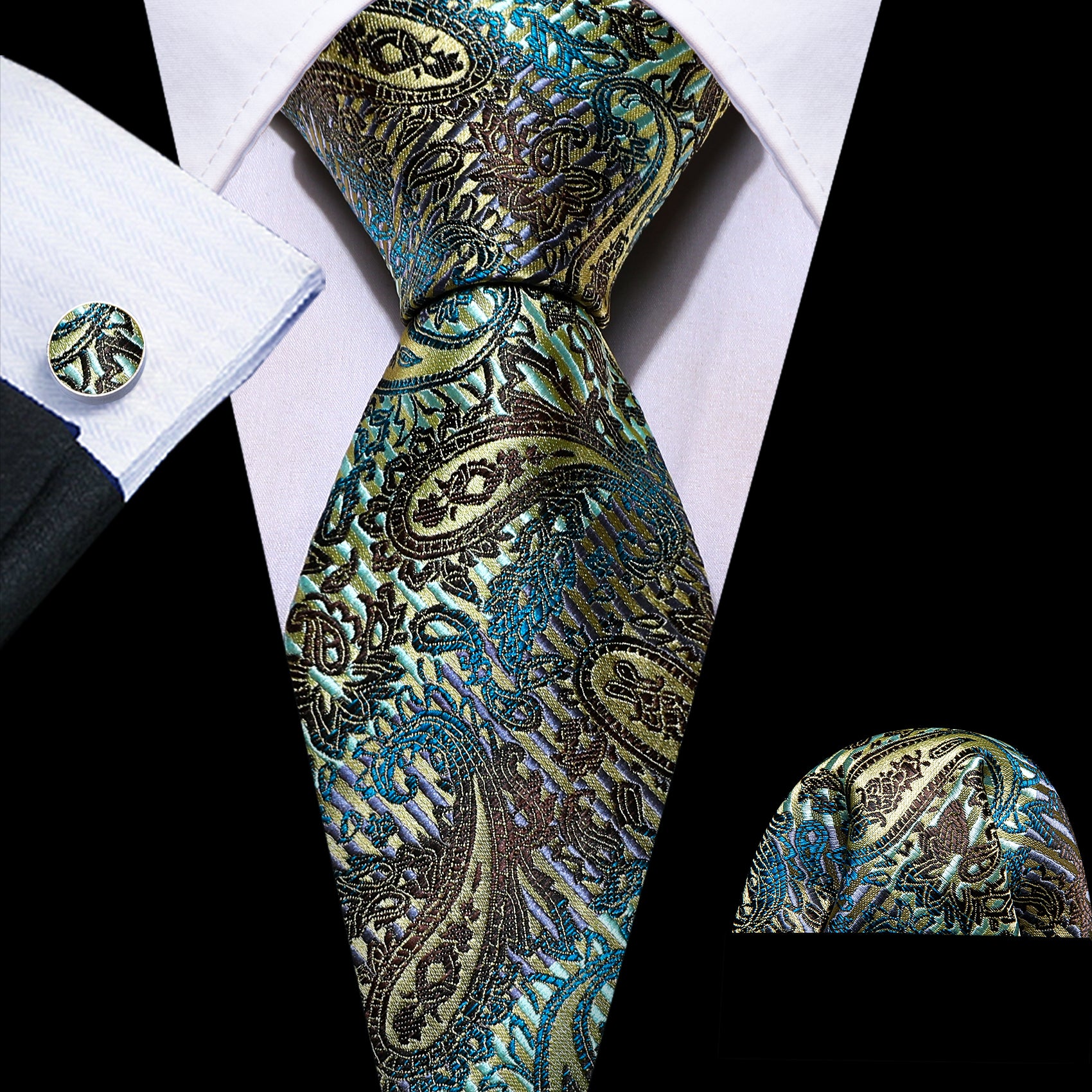 Black Gold 59 Inches Paisley Silk Tie Pocket Square Cufflinks Set