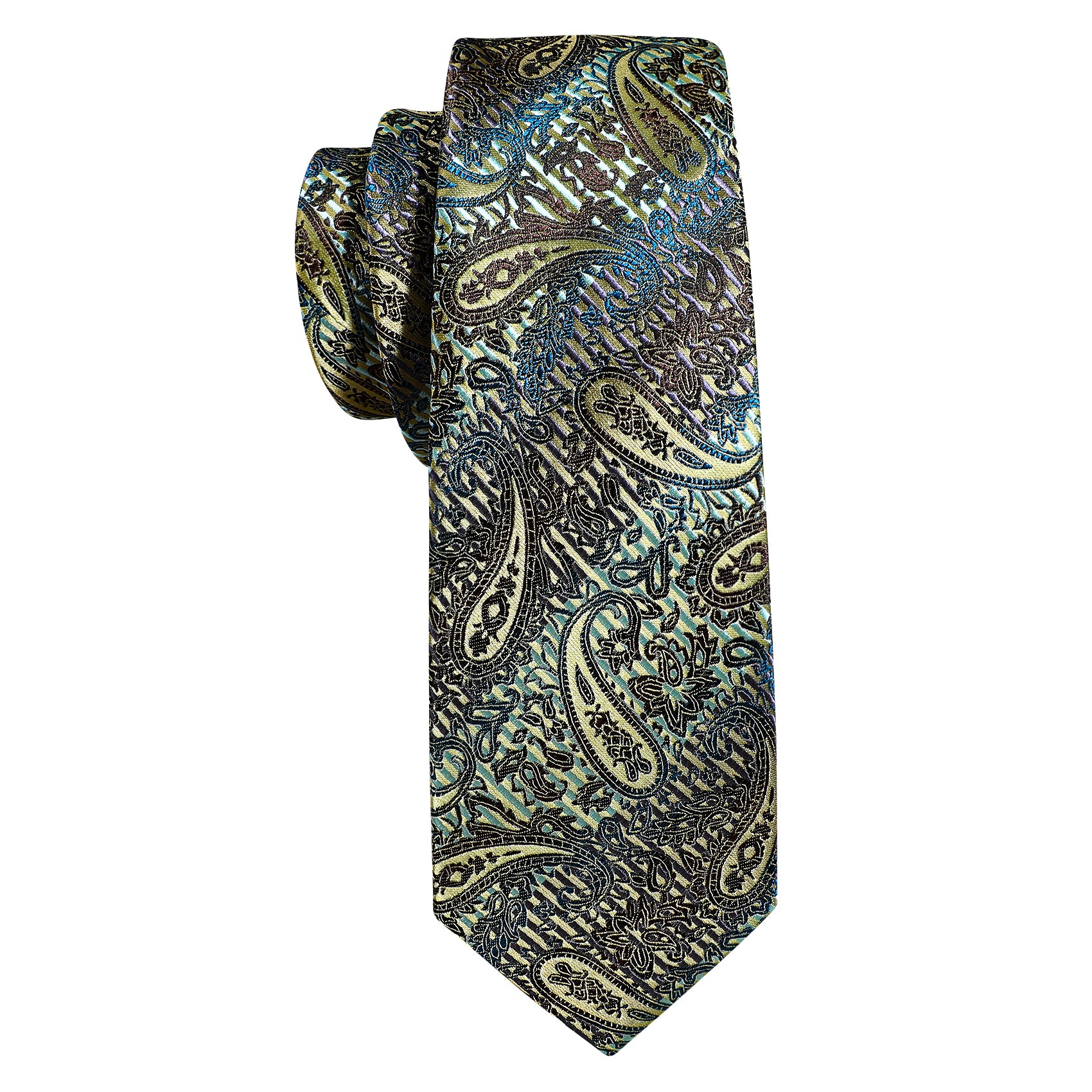 Barry.Wang Black Tie Gold Paisley Men's Silk Tie Pocket Square Cufflinks Set 59 Inches