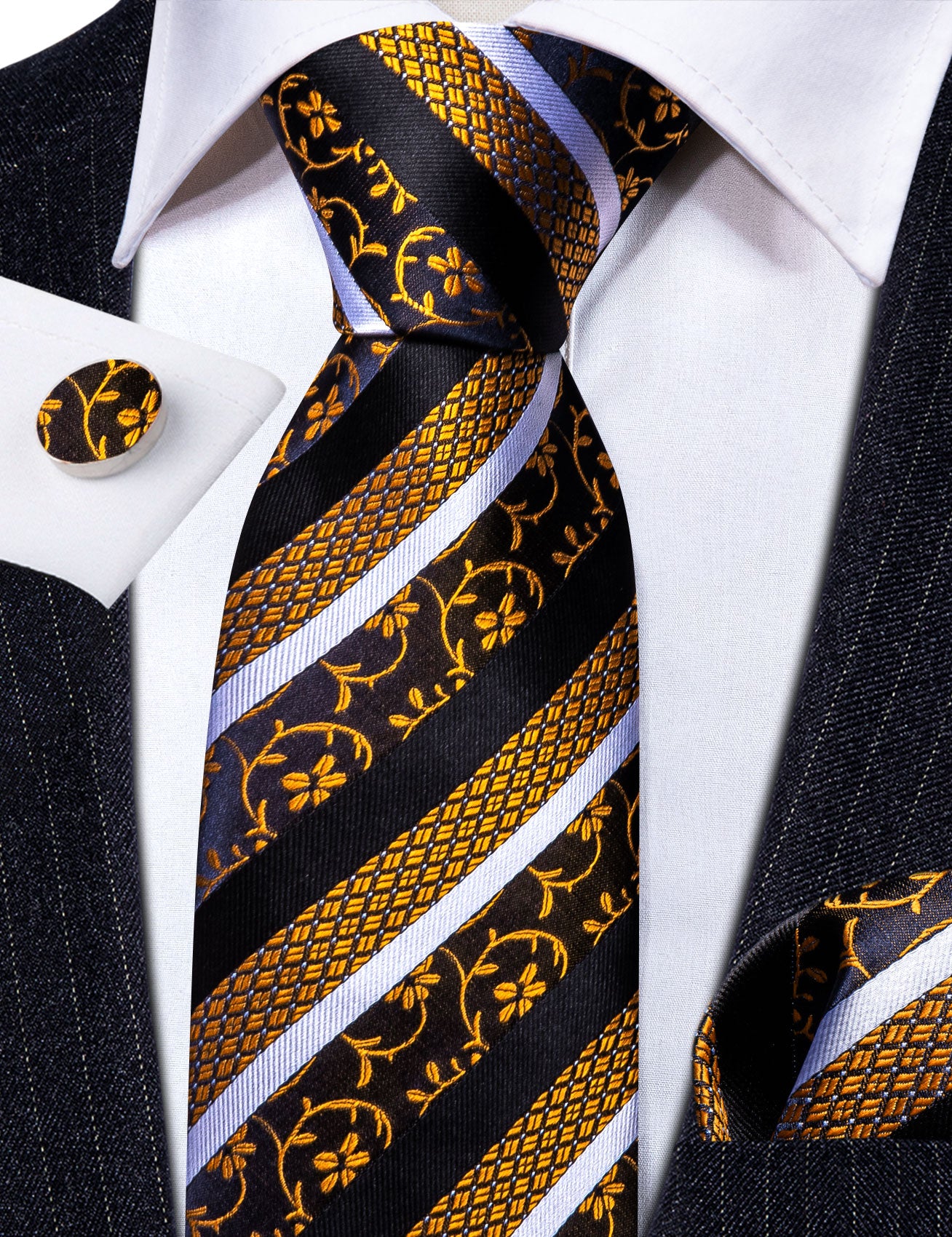 Barry.wang Black Tie Gold Striped Floral Silk Tie Handkerchief Cufflinks Set
