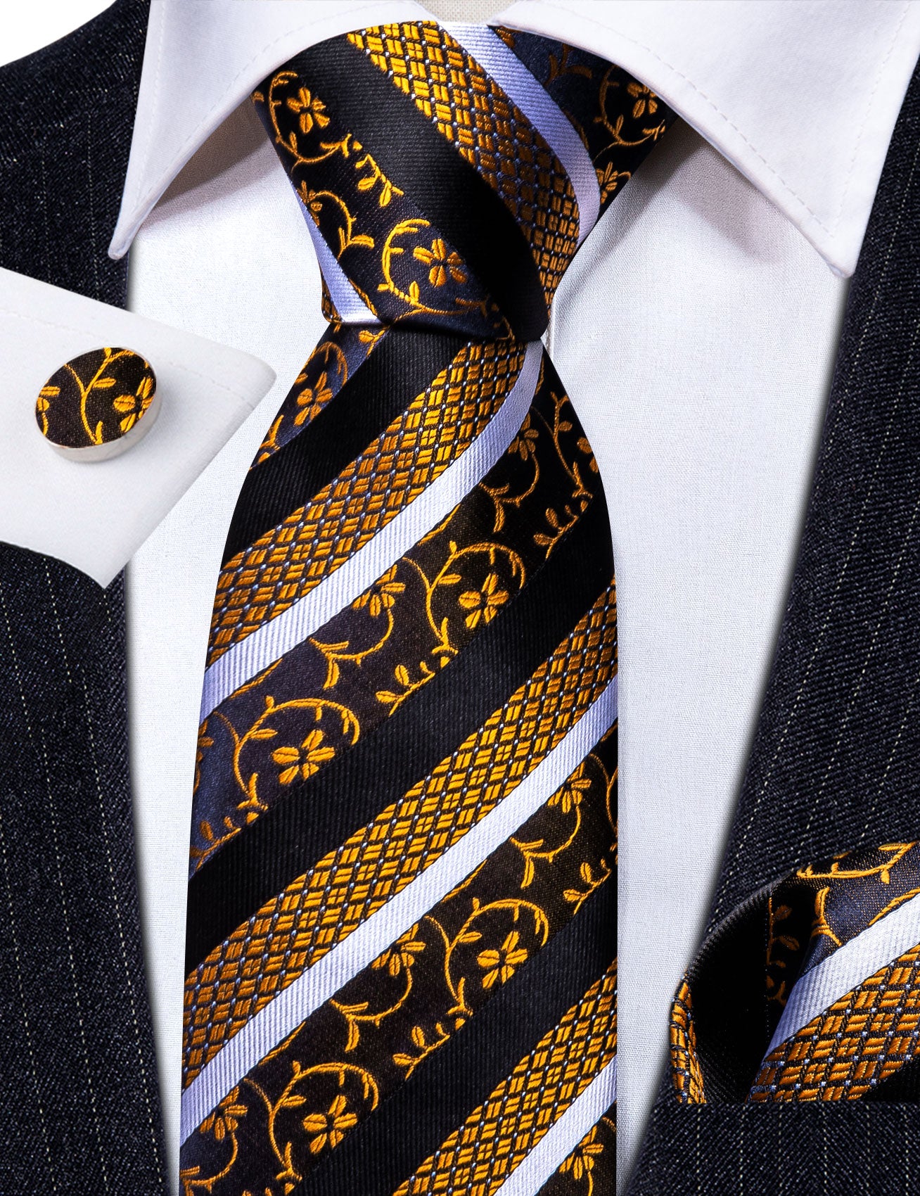 Barry. Wang Black Tie Gold Striped Floral Silk Tie Handkerchief Cufflinks Set Barry. Wang Black Tie Gold Striped Floral Silk Tie Handkerchief Cufflinks Set