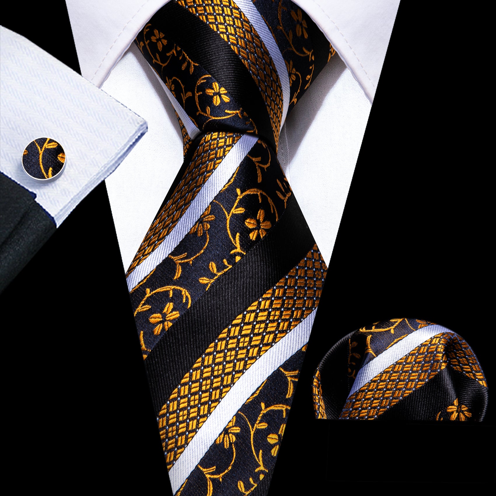 Black Gold Striped Floral Silk Tie Handkerchief Cufflinks Set
