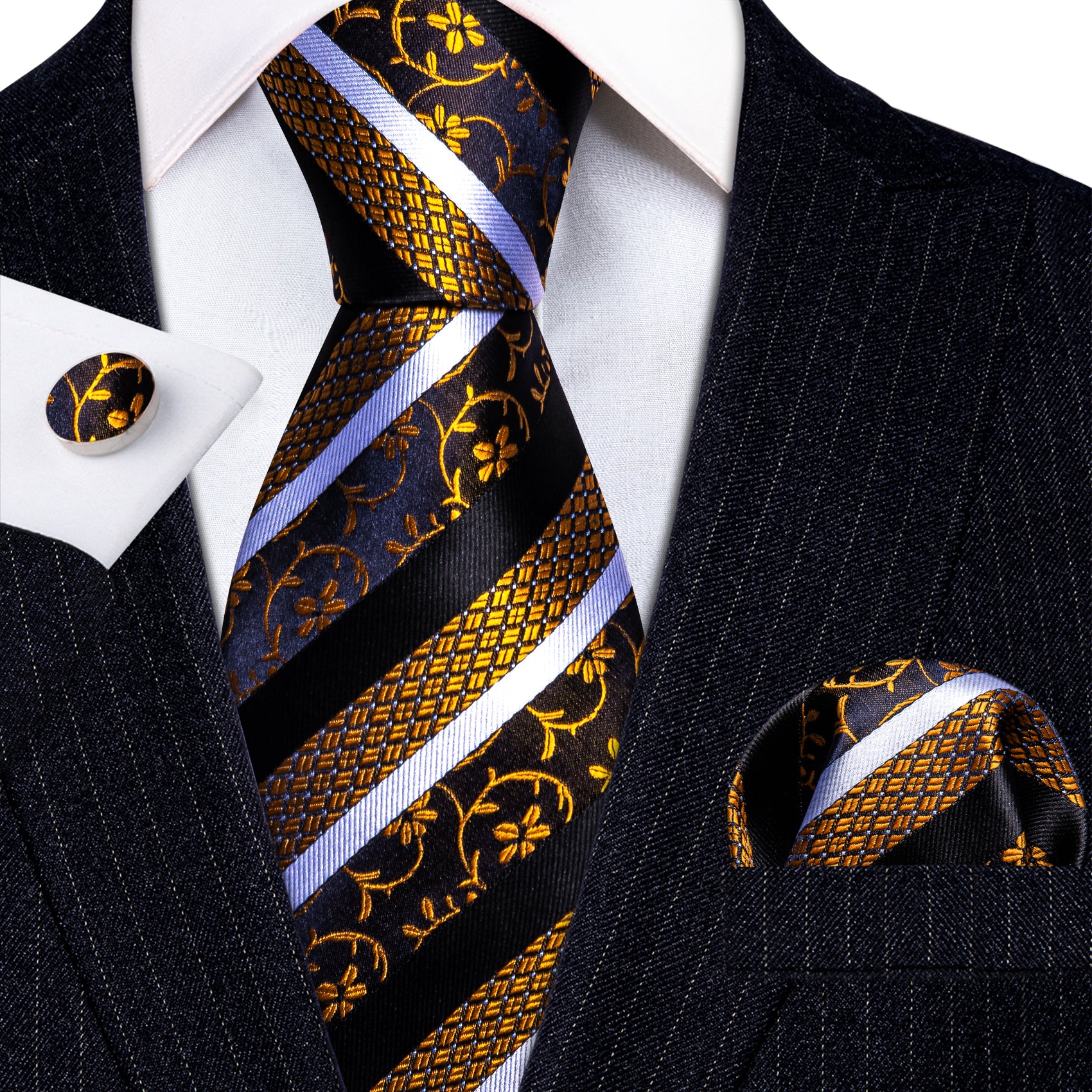 Black Gold Striped Floral Silk Tie Handkerchief Cufflinks Set