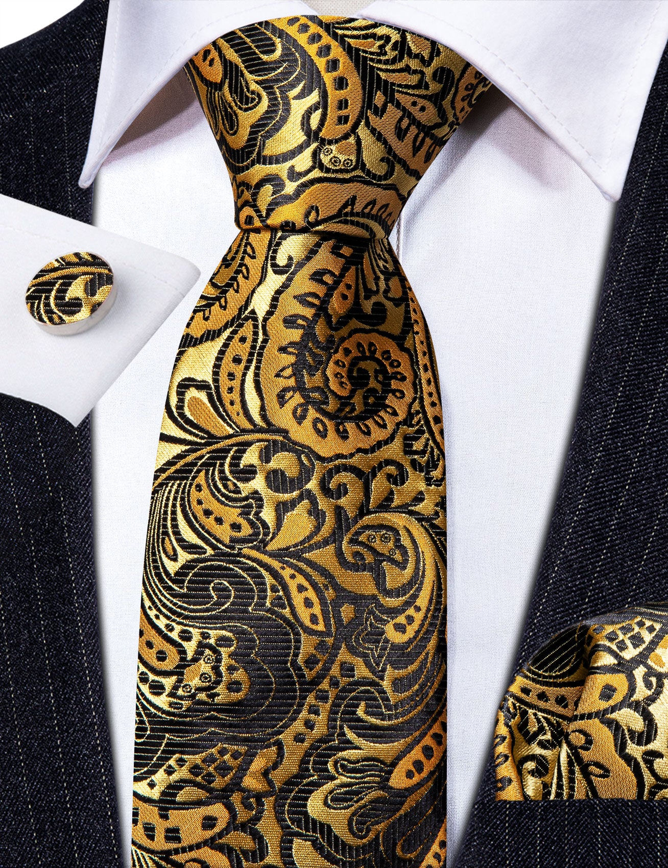 Classy Gold Black Paisley Silk Tie Handkerchief Cufflinks Set