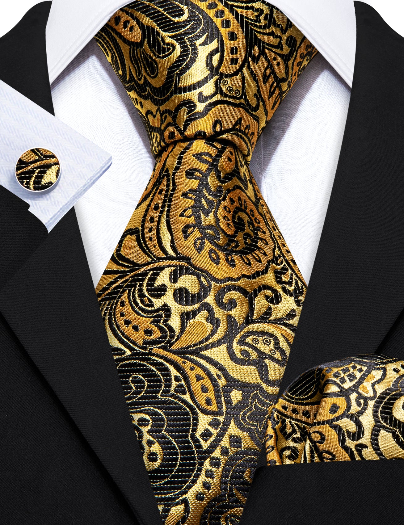 Classy Gold Black Paisley Silk Tie Handkerchief Cufflinks Set