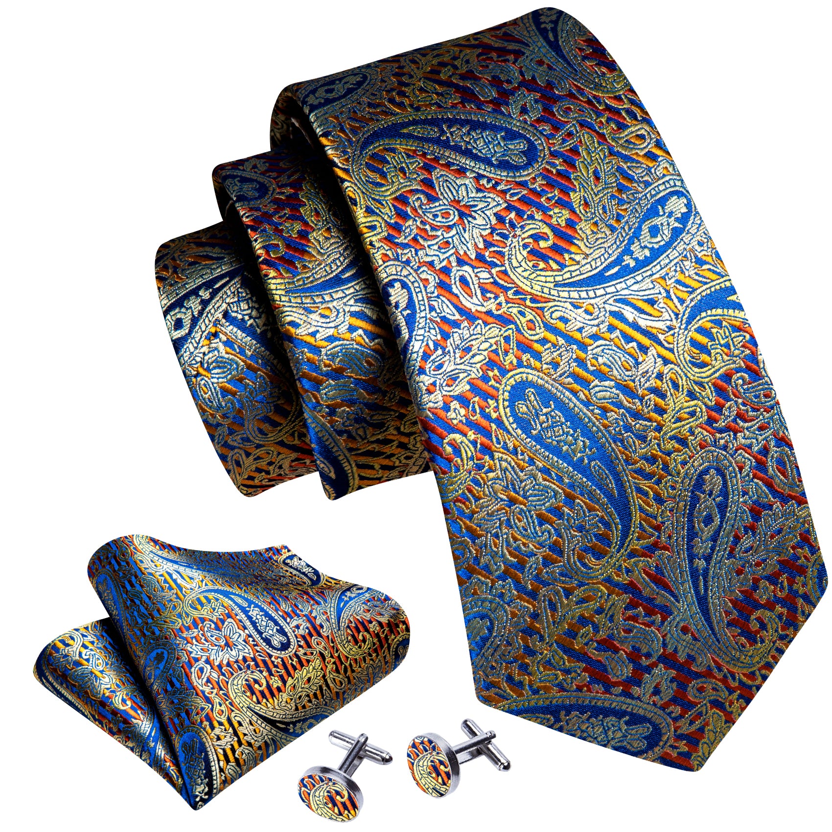 Fashion Blue Silver Paisley Silk Tie Handkerchief Cufflinks Set