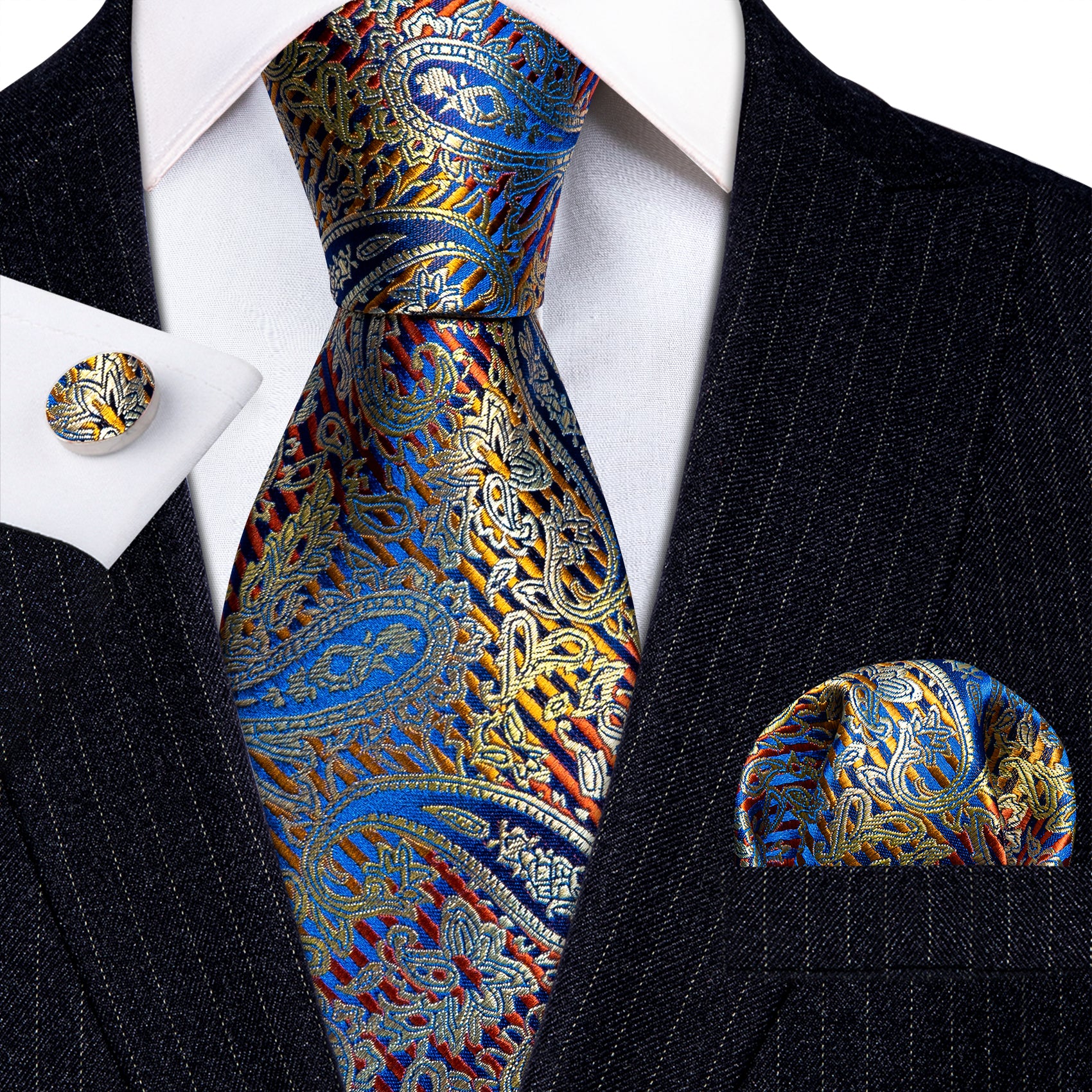 Fashion Blue Silver Paisley Silk Tie Handkerchief Cufflinks Set