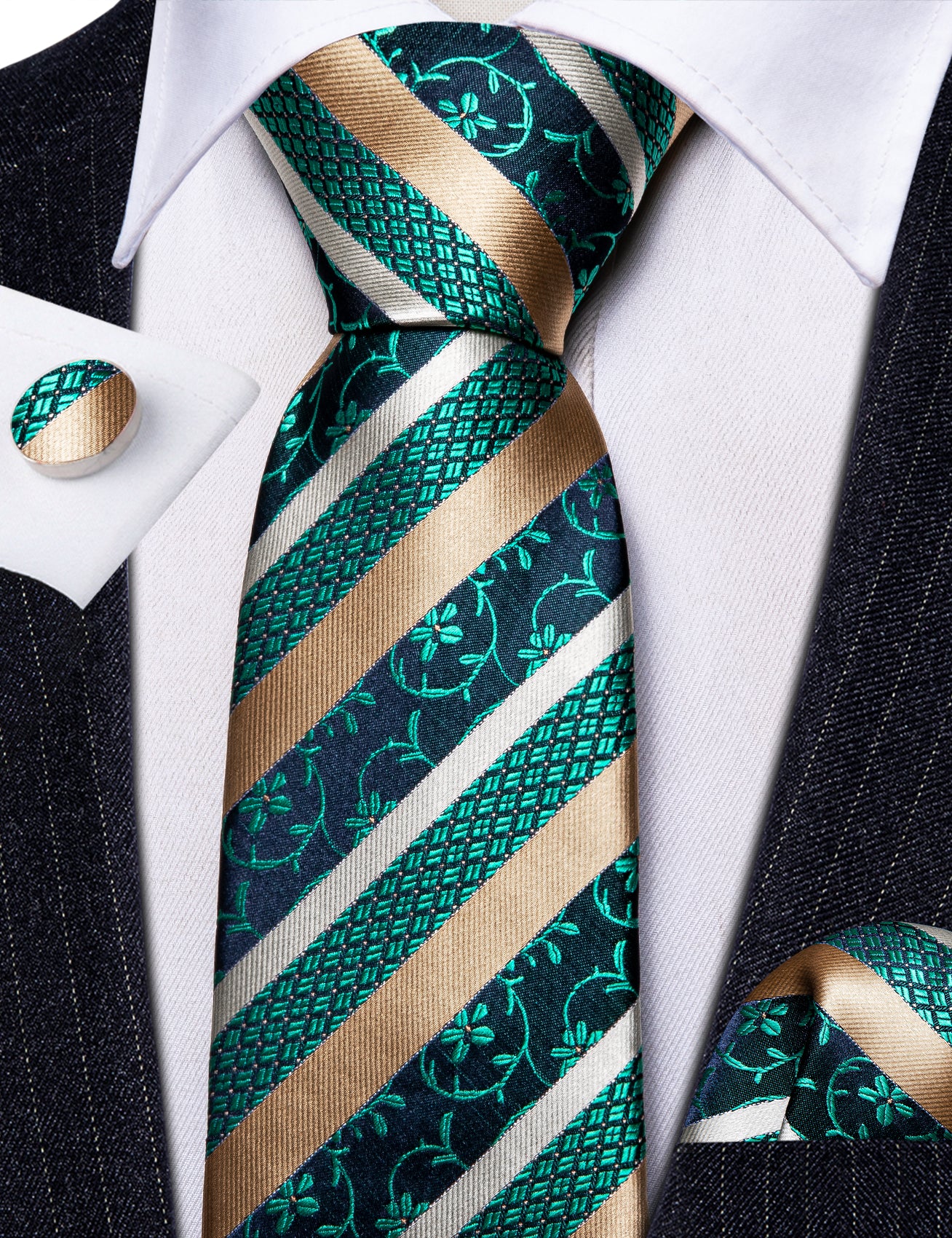 Green Peru Striped Silk Tie Pocket Square Cufflinks Set